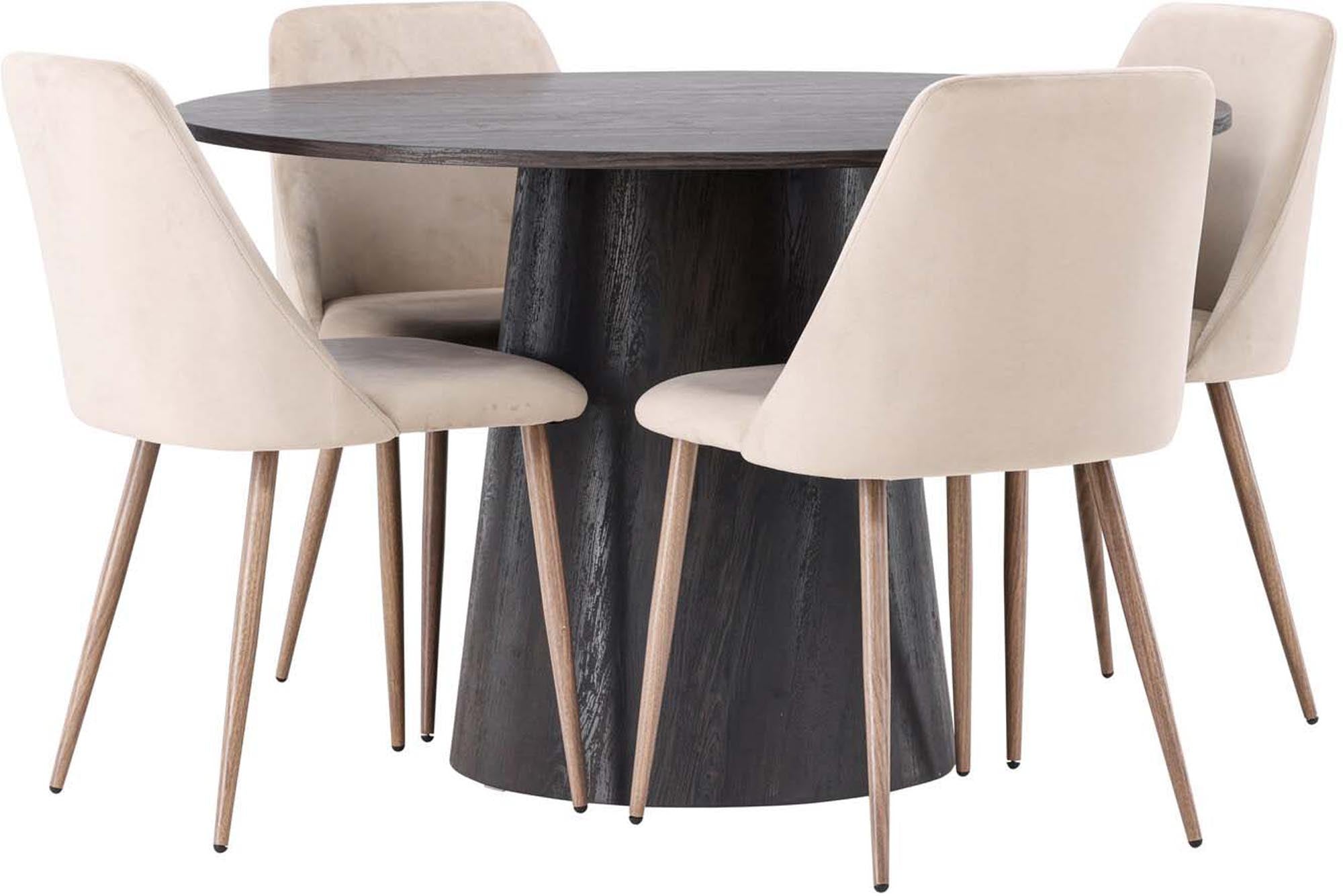 Modernes Esszimmerset von Venture Home: runder Tisch mit 120 cm Durchmesser aus braunem MDF, ergänzt durch vier elegante schwarze Samtstühle.