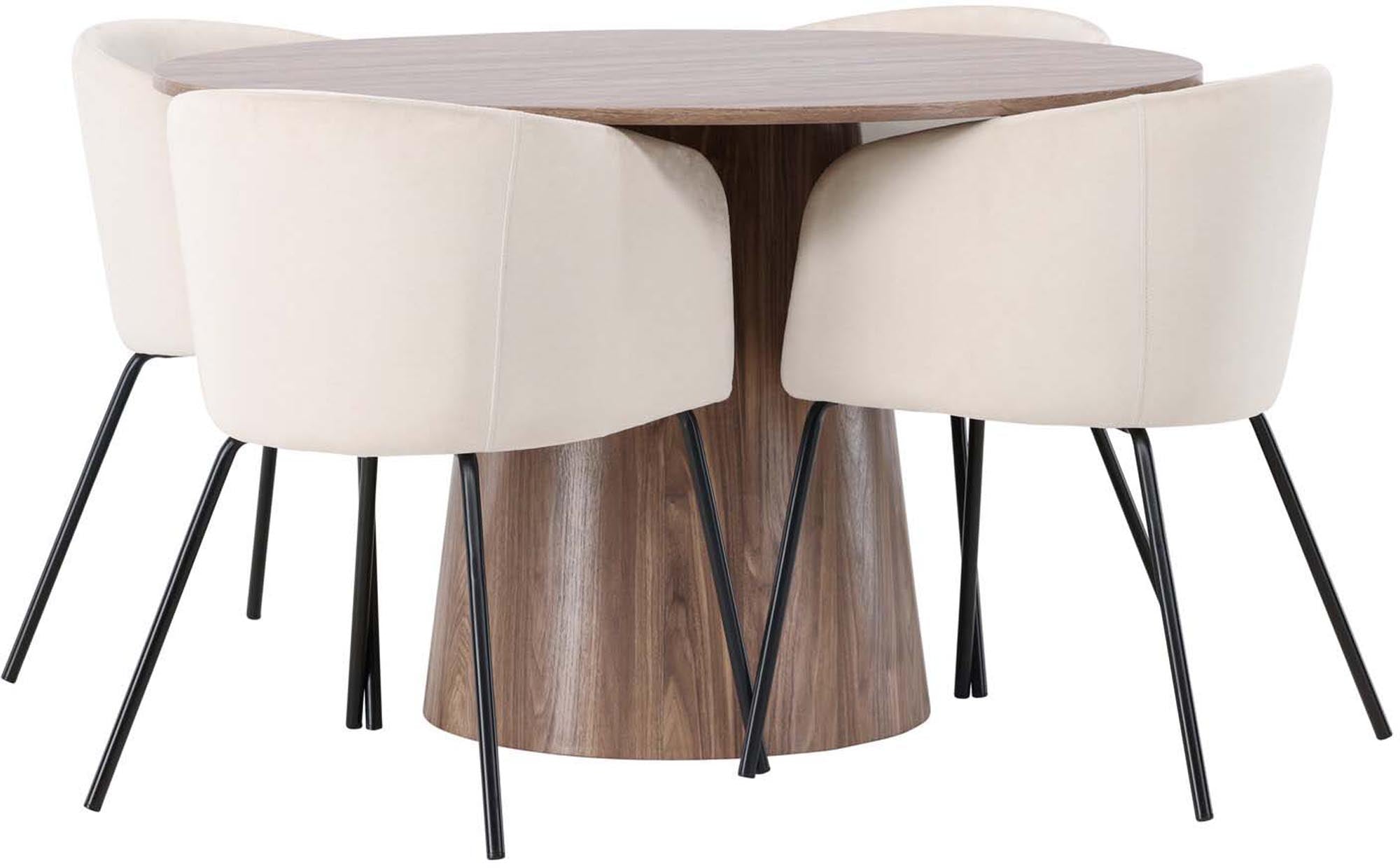 Elegantes Esszimmerset von Venture Home: Runder Tisch mit einem Durchmesser von 120 cm und vier modernen Berit Stühlen für gemütliche Mahlzeiten.