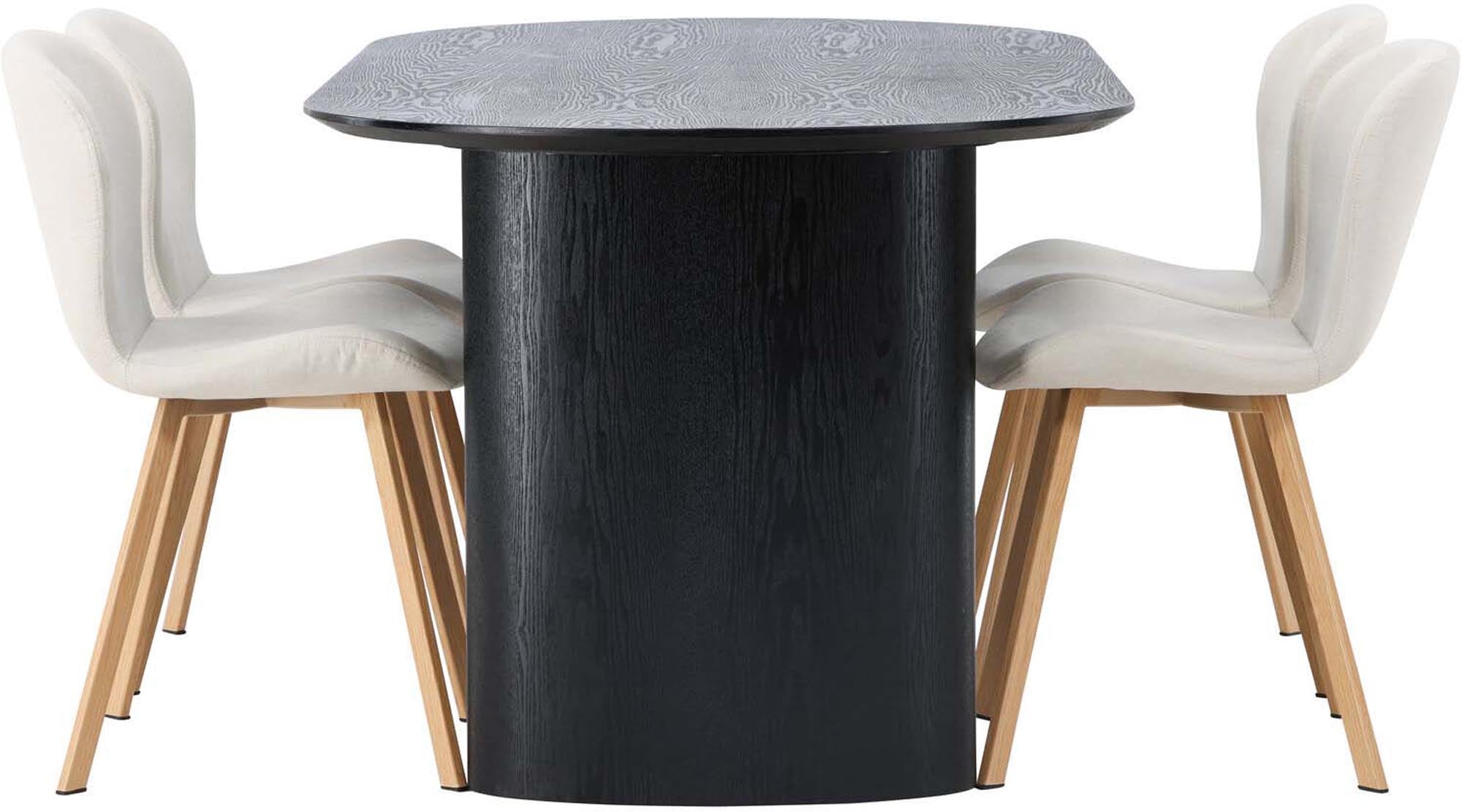 Elegantes Esszimmerset bestehend aus einem 180 cm langen Lilja Tisch und vier modernen Stühlen, ideal für jedes Zuhause.