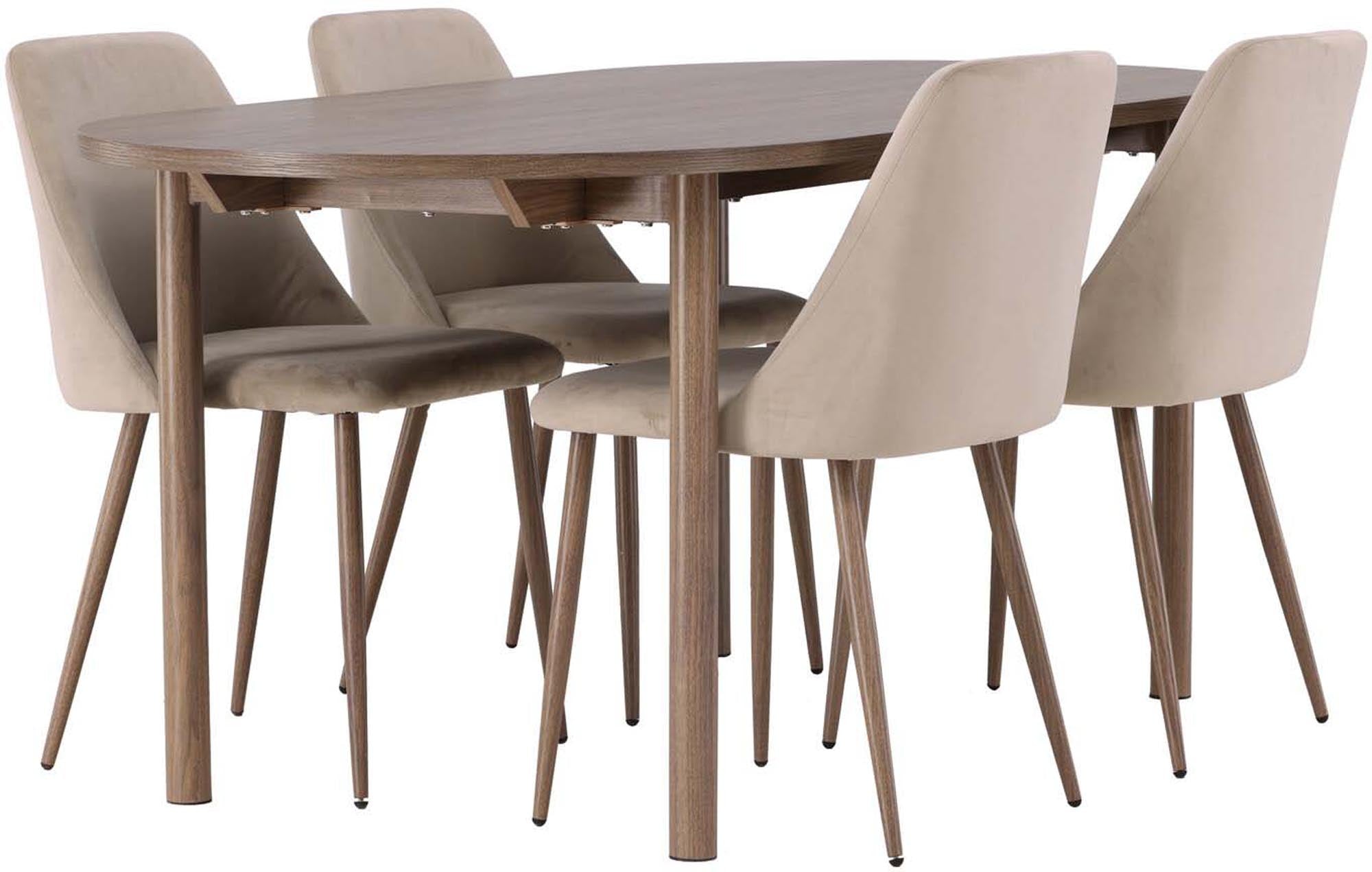 Modernes Esszimmerset mit einem 180 cm langen Tisch und vier luxuriösen Samtstühlen, ideal für einladende Essbereiche.