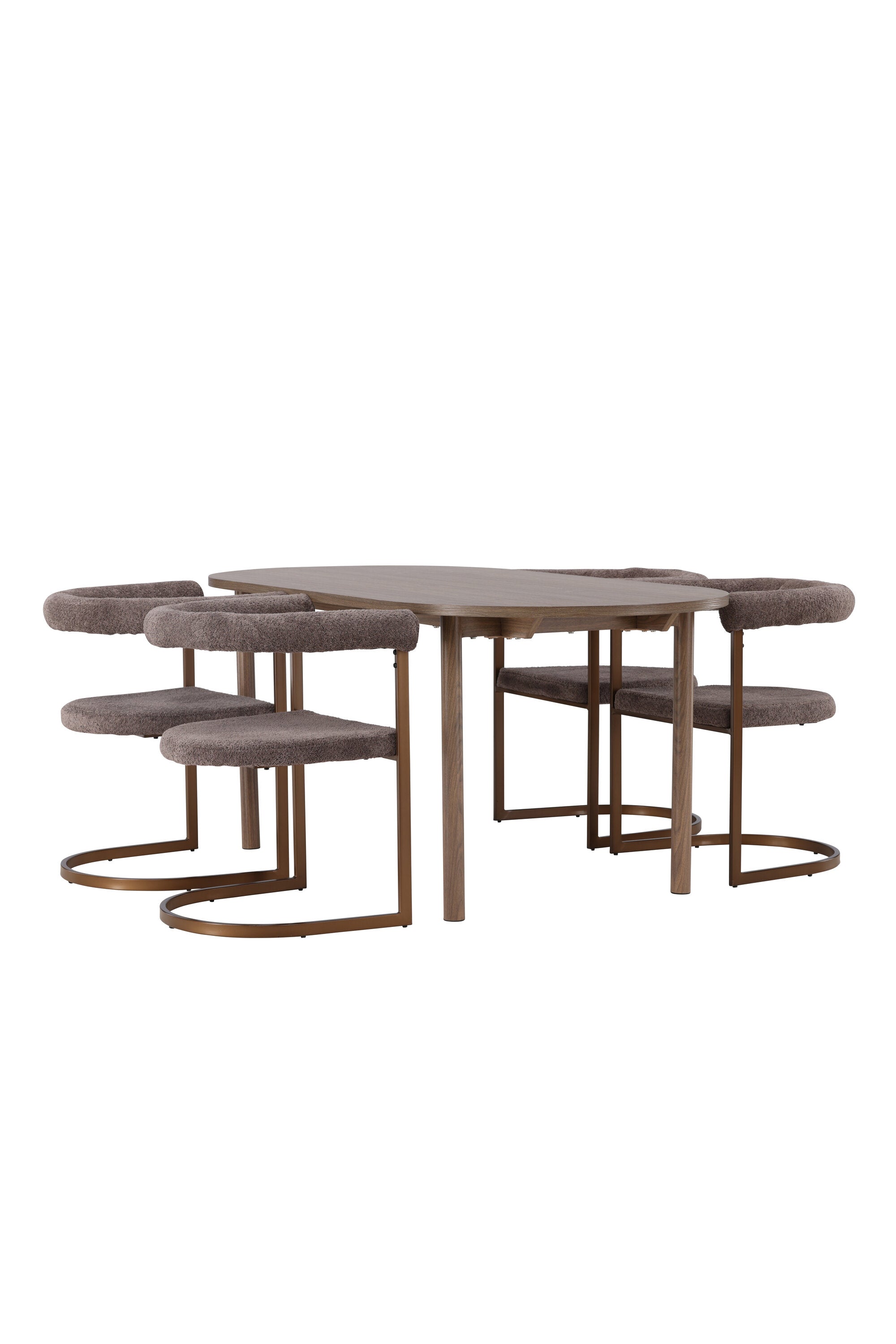Esszimmer Set Andy: Trendiger Tisch mit MDF-Platte, naturfarbenen Stahlbeinen, 180x90 cm. Stühle Morning in grauem Bouclé, braune Stahlrahmen.