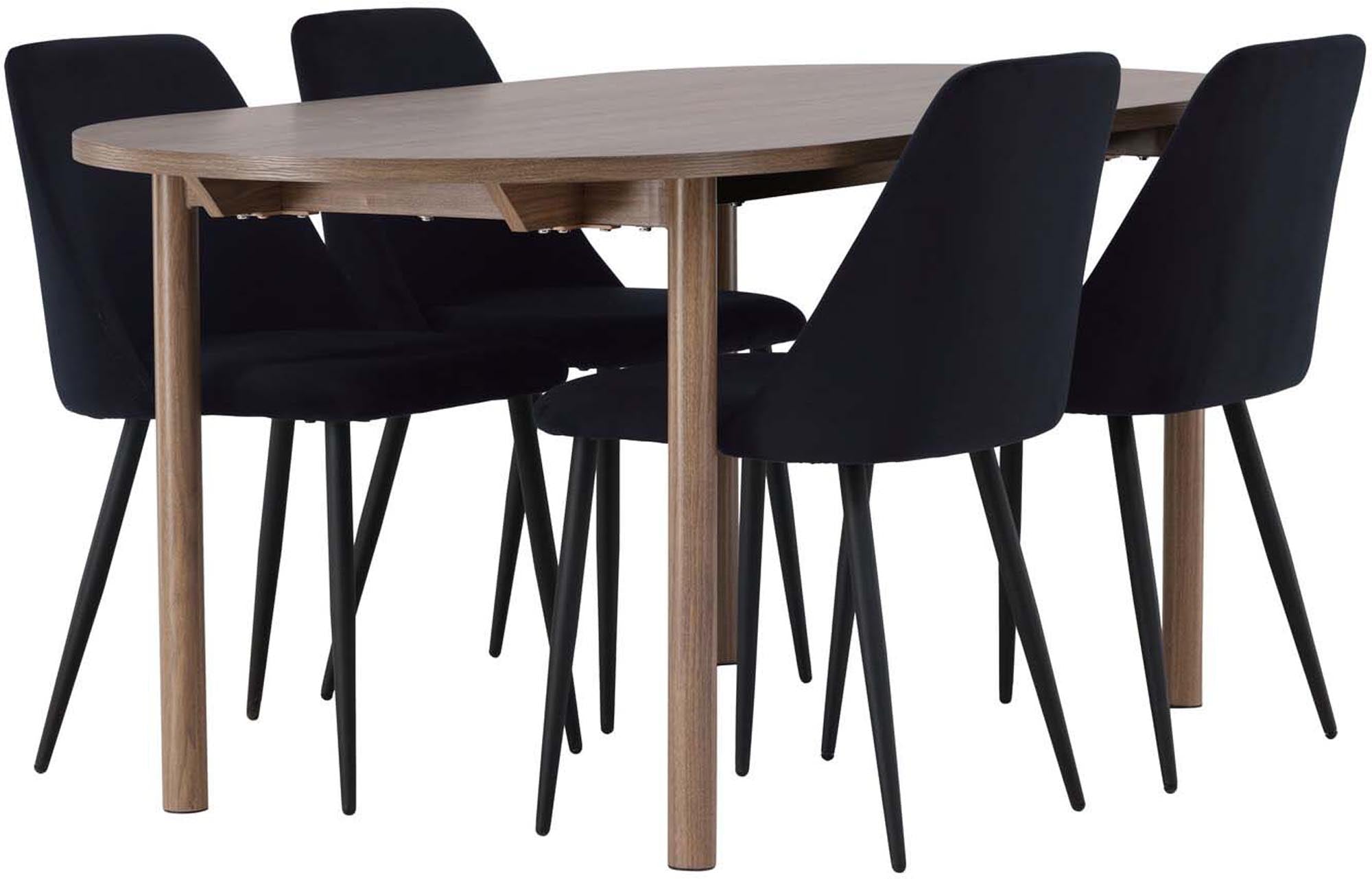 Modernes Esszimmerset mit stilvollem Tisch und vier bequemen Samtstühlen, ideal für gesellige Abende im skandinavischen Stil.