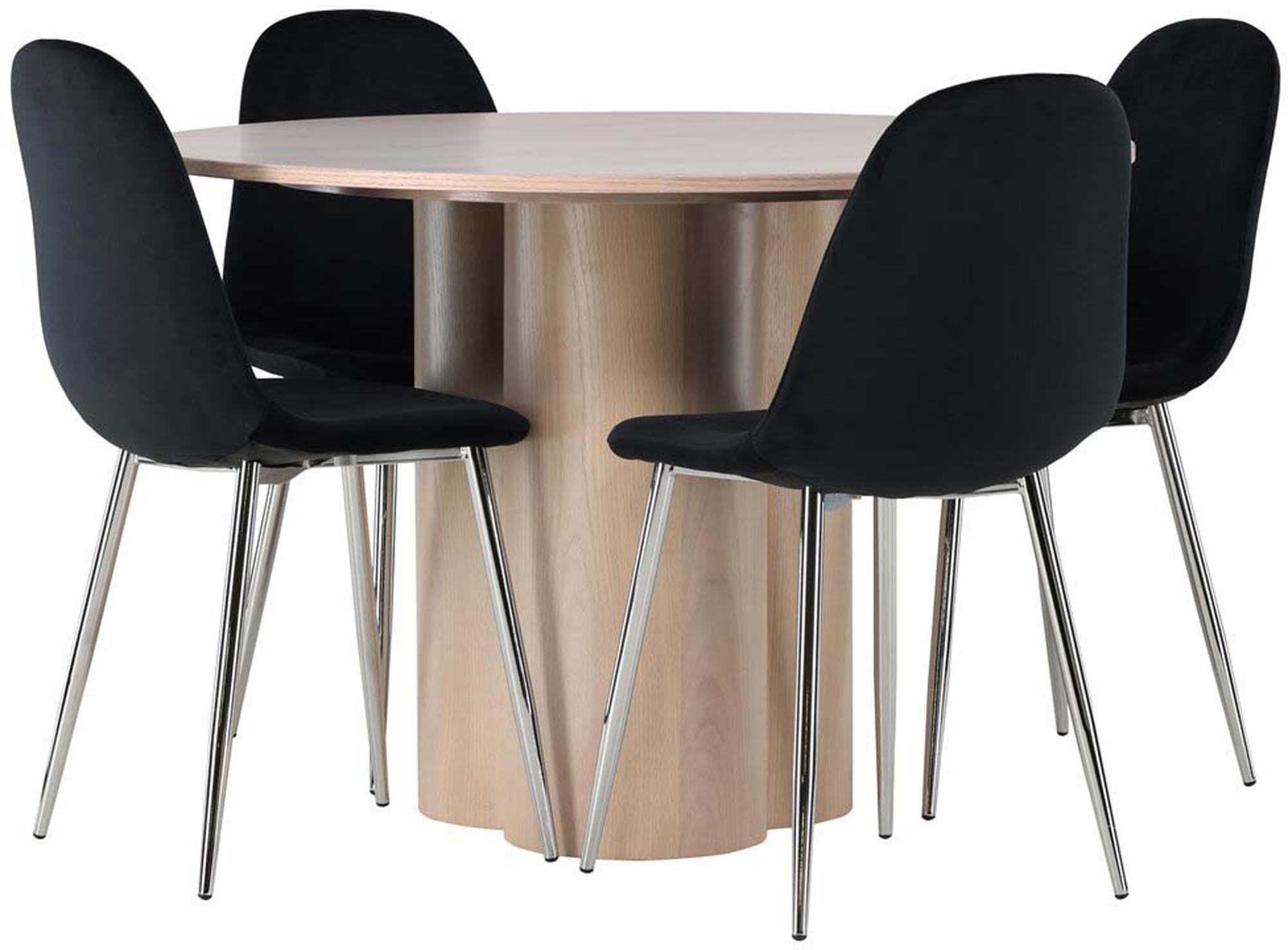 Elegantes Esszimmerset "Olivia" mit runder Tischplatte (⌀110cm) und 4 stilvollen Stühlen, perfekt für moderne Essbereiche.