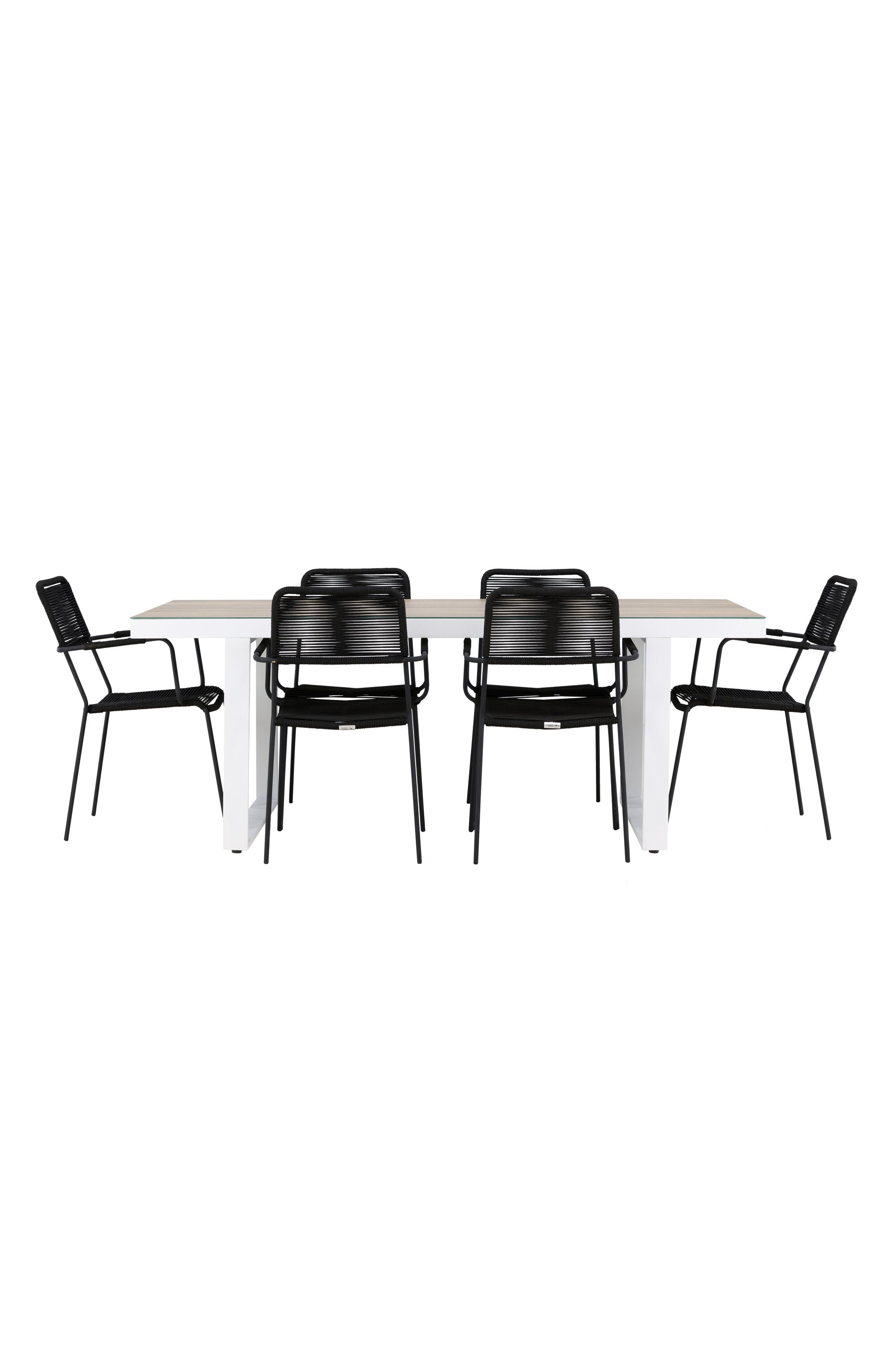 Elegantes Merlo Gartentisch-Set mit Lindos-Stühlen von Venture Home, ideal für zeitgemässe Aussenbereiche und Terrassen.