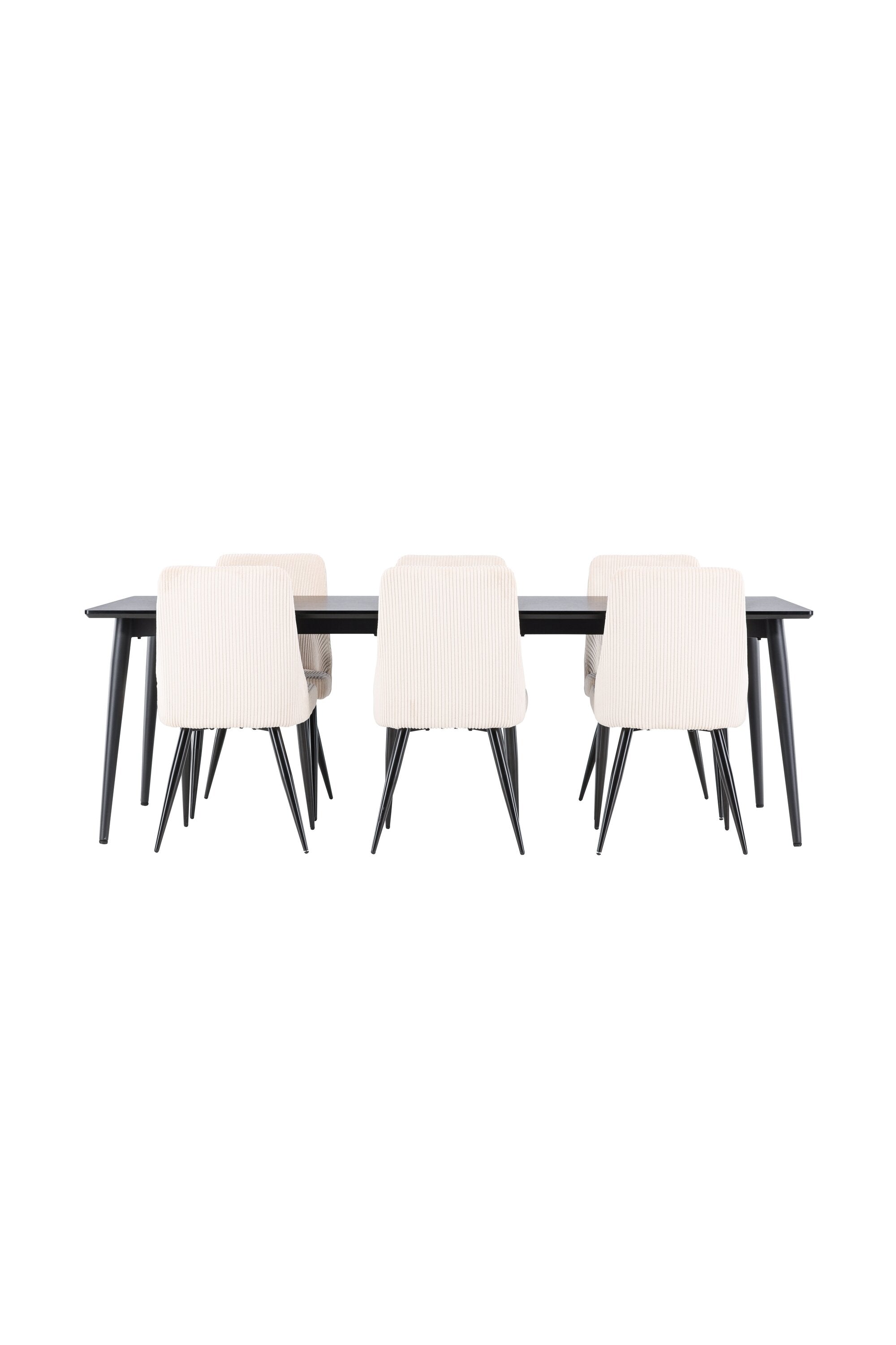 Modernes Esstischset mit dem eleganten Ellis Tisch und den bequemen Leone Stühlen von Venture Home, ideal für gesellige Abendessen.