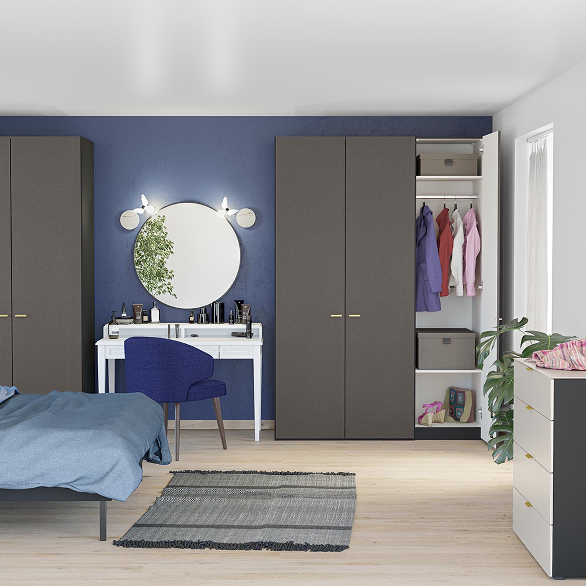 Stilvoller Jutzler Drehtürenschrank, 3-türig, in edlem Anthrazit.