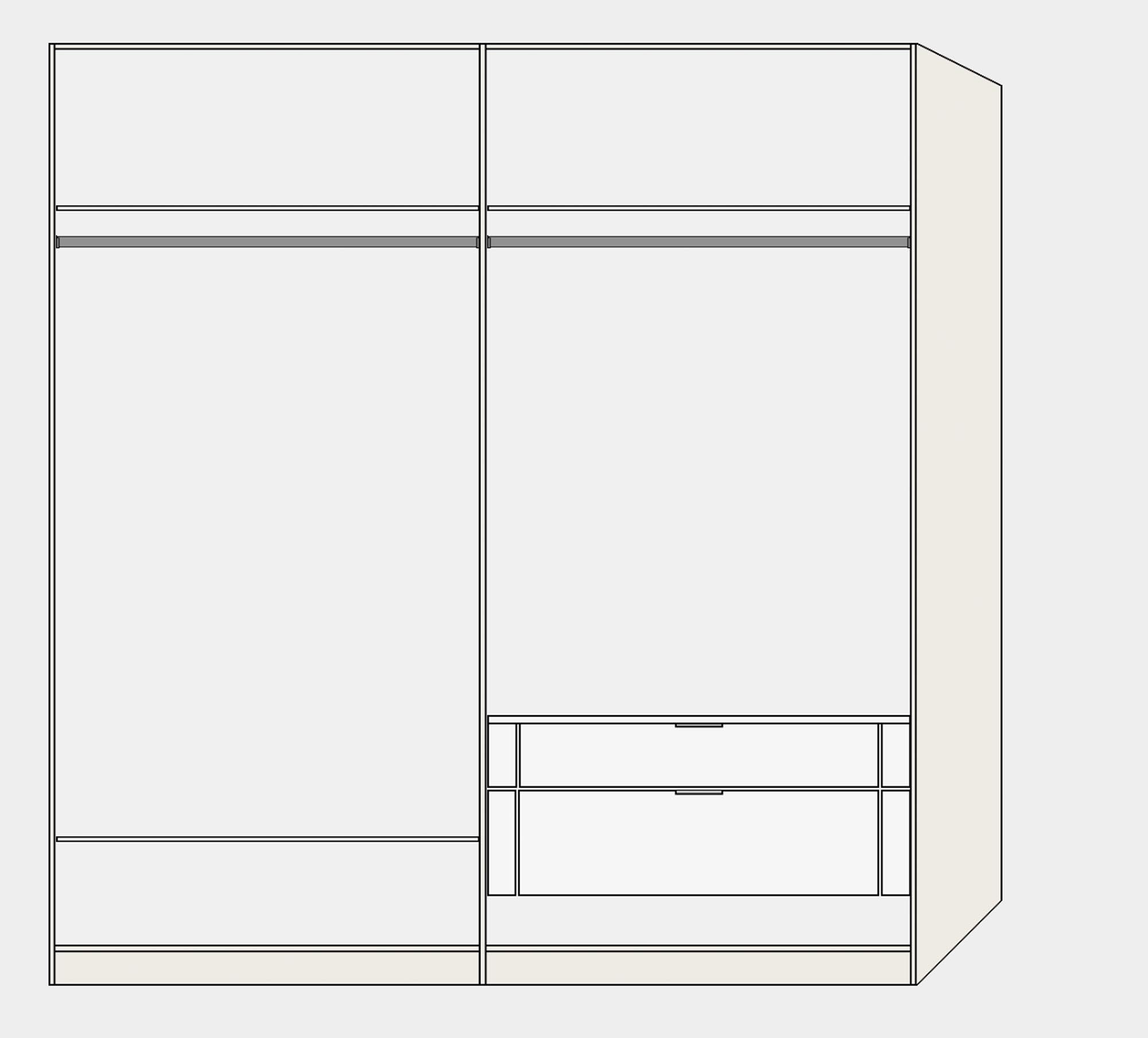 Eleganter 4-türiger Drehtürenschrank in hellem Grau, ideal für stilvolle Aufbewahrungslösungen mit nützlichem Zubehör.