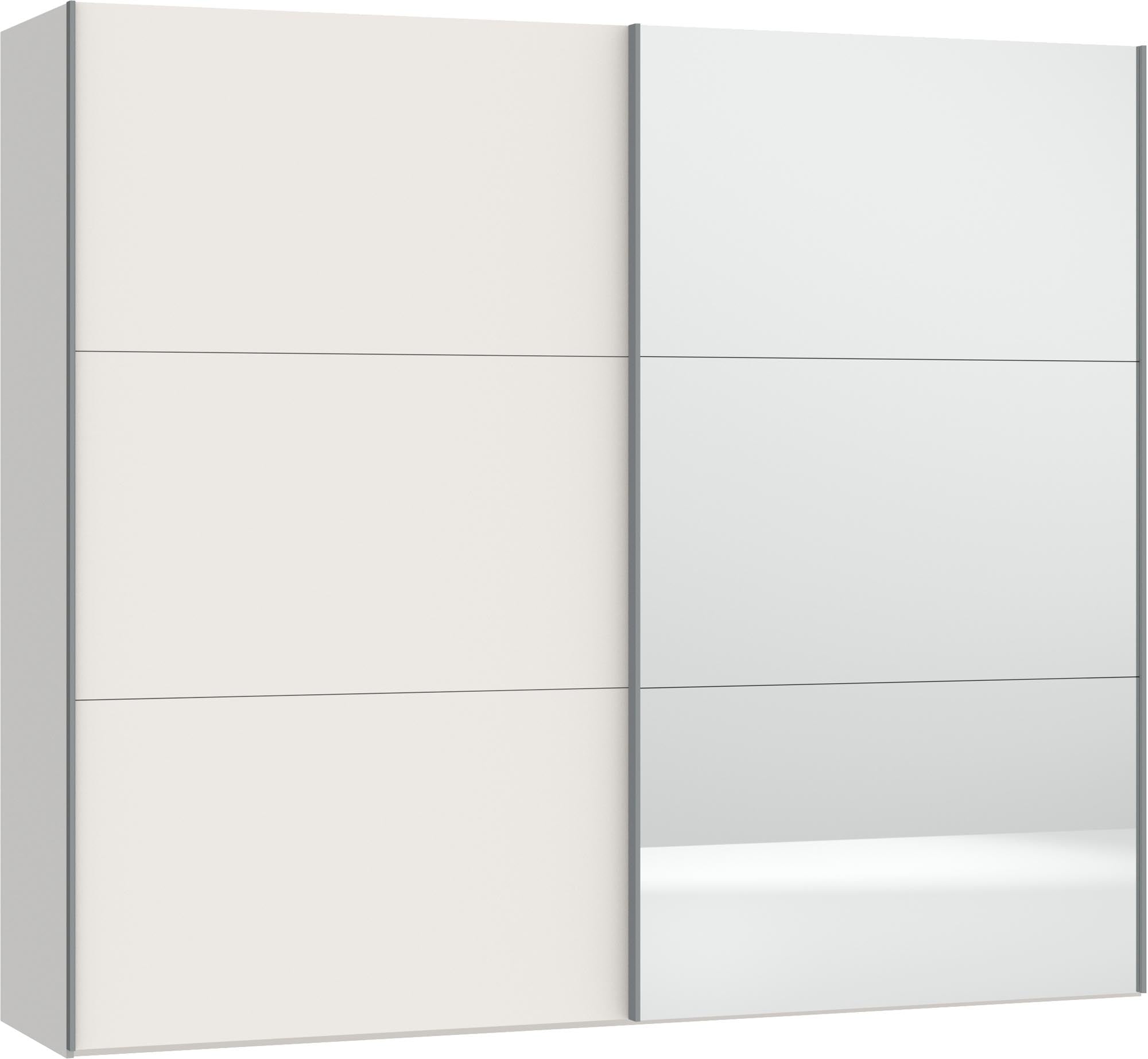 Moderner Schwebetürenschrank in Cremeweiss mit Spiegel, bietet vielseitige Gestaltungsmöglichkeiten und hohe Stabilität für jeden Raum.