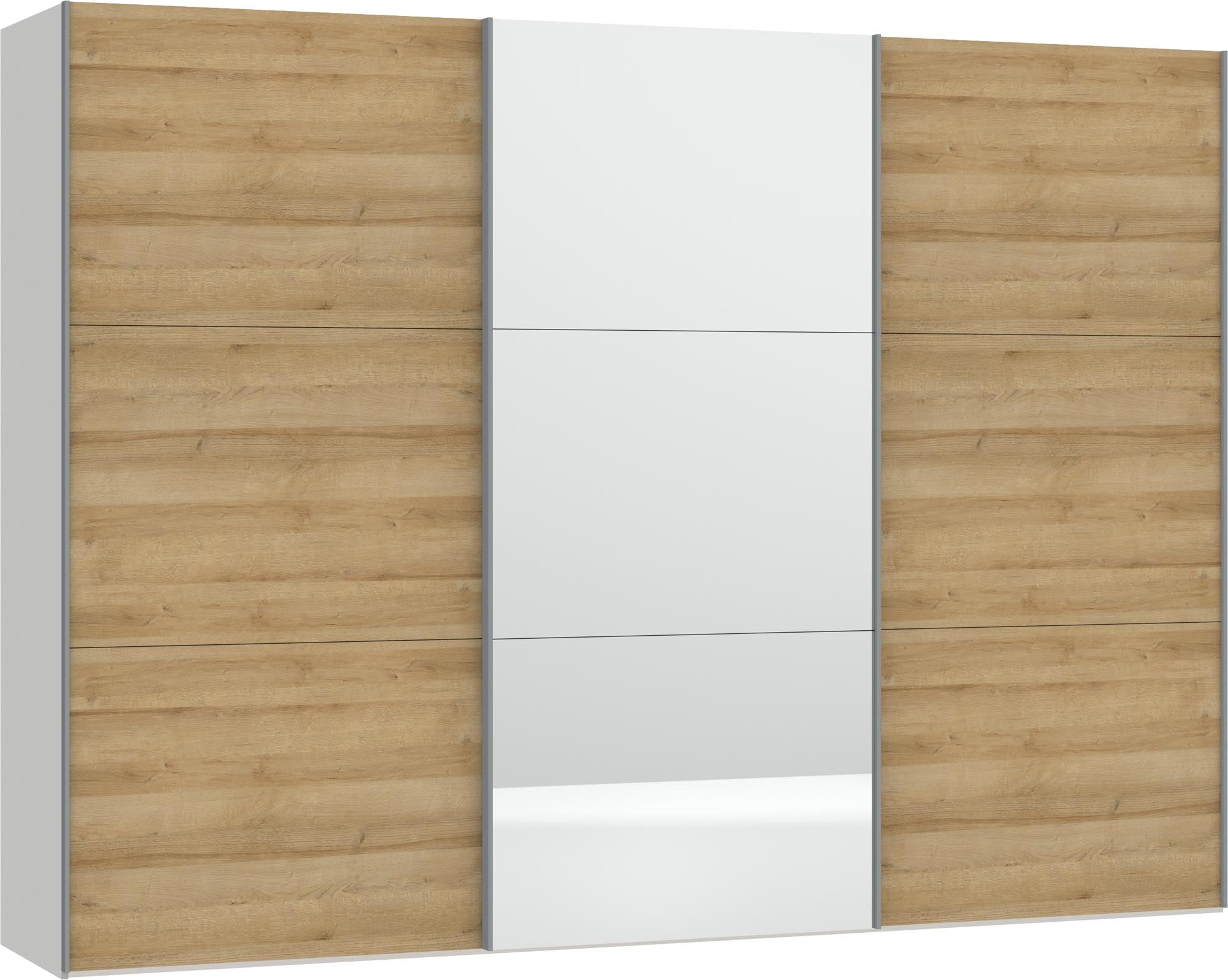 Moderner Schwebetürenschrank XL in Eiche mit Spiegel und praktischem Zubehör, ideal für stilvolle und funktionale Raumgestaltung.