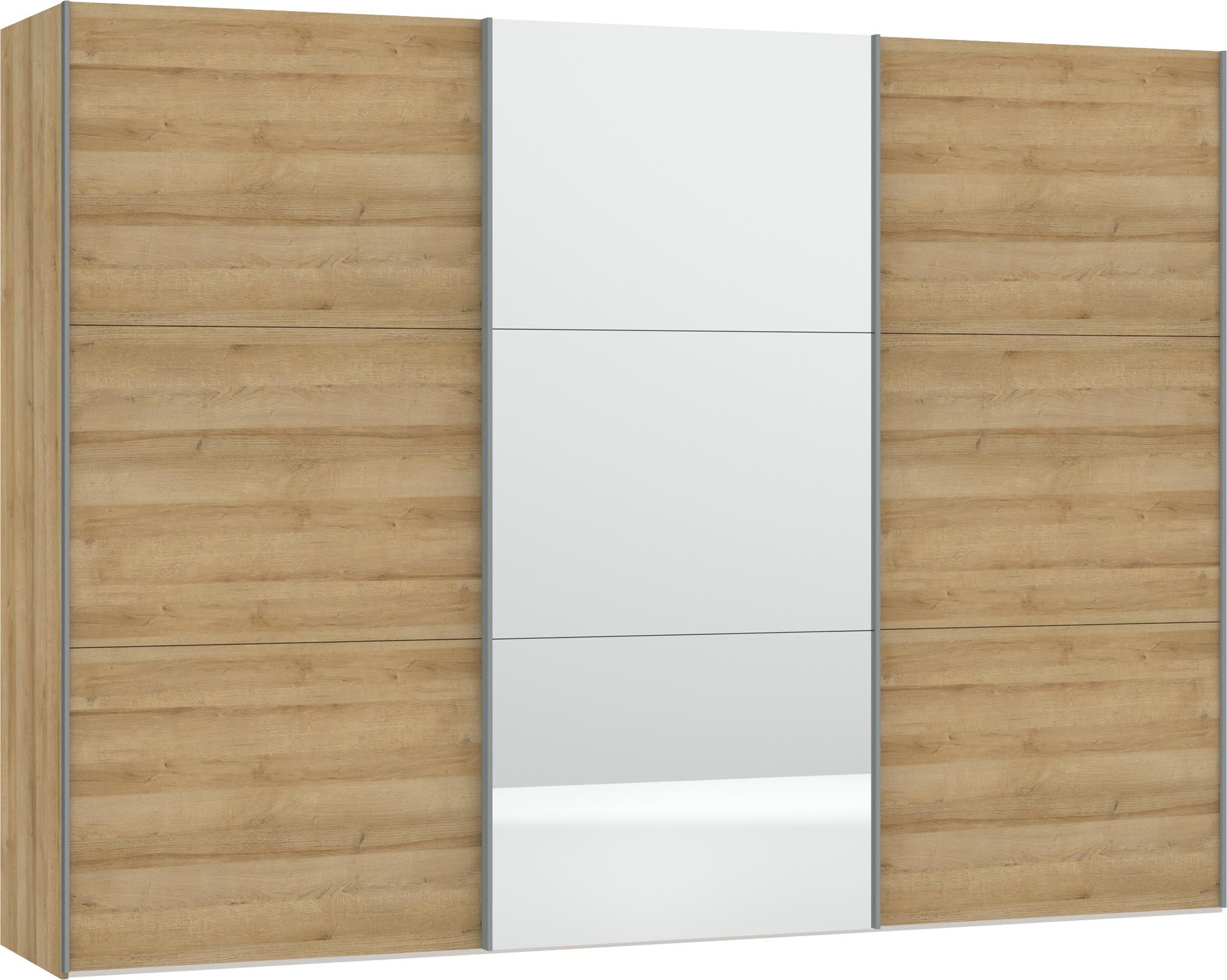 Eleganter Schwebetürenschrank XL in Eiche mit Spiegel und praktischem Zubehör – ideal für stilvolle Aufbewahrungslösungen.