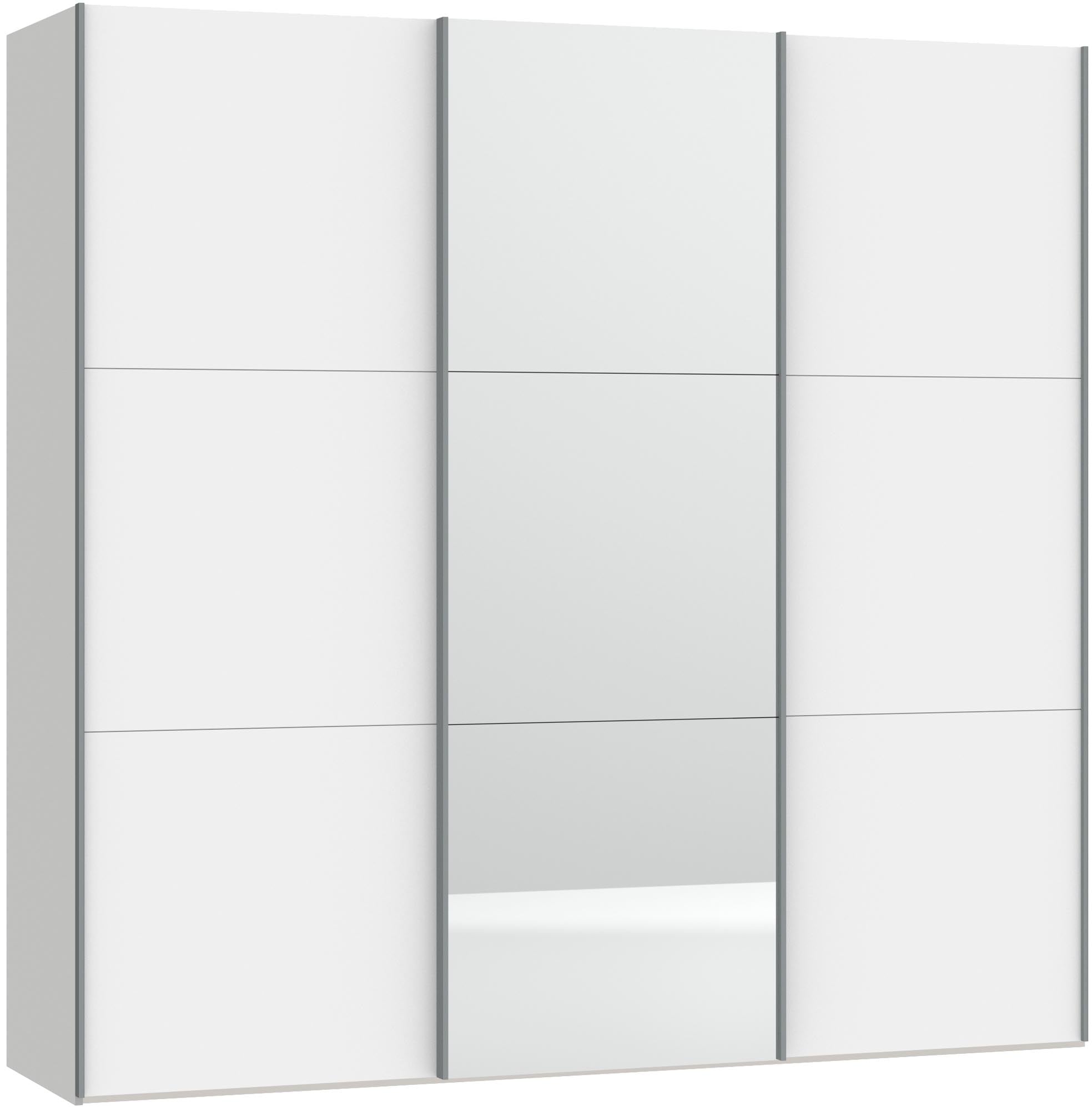 Moderner Schiebetürenschrank in Premiumweiss mit großflächigem Spiegel, ideal für stilvolle und platzsparende Aufbewahrungslösungen.