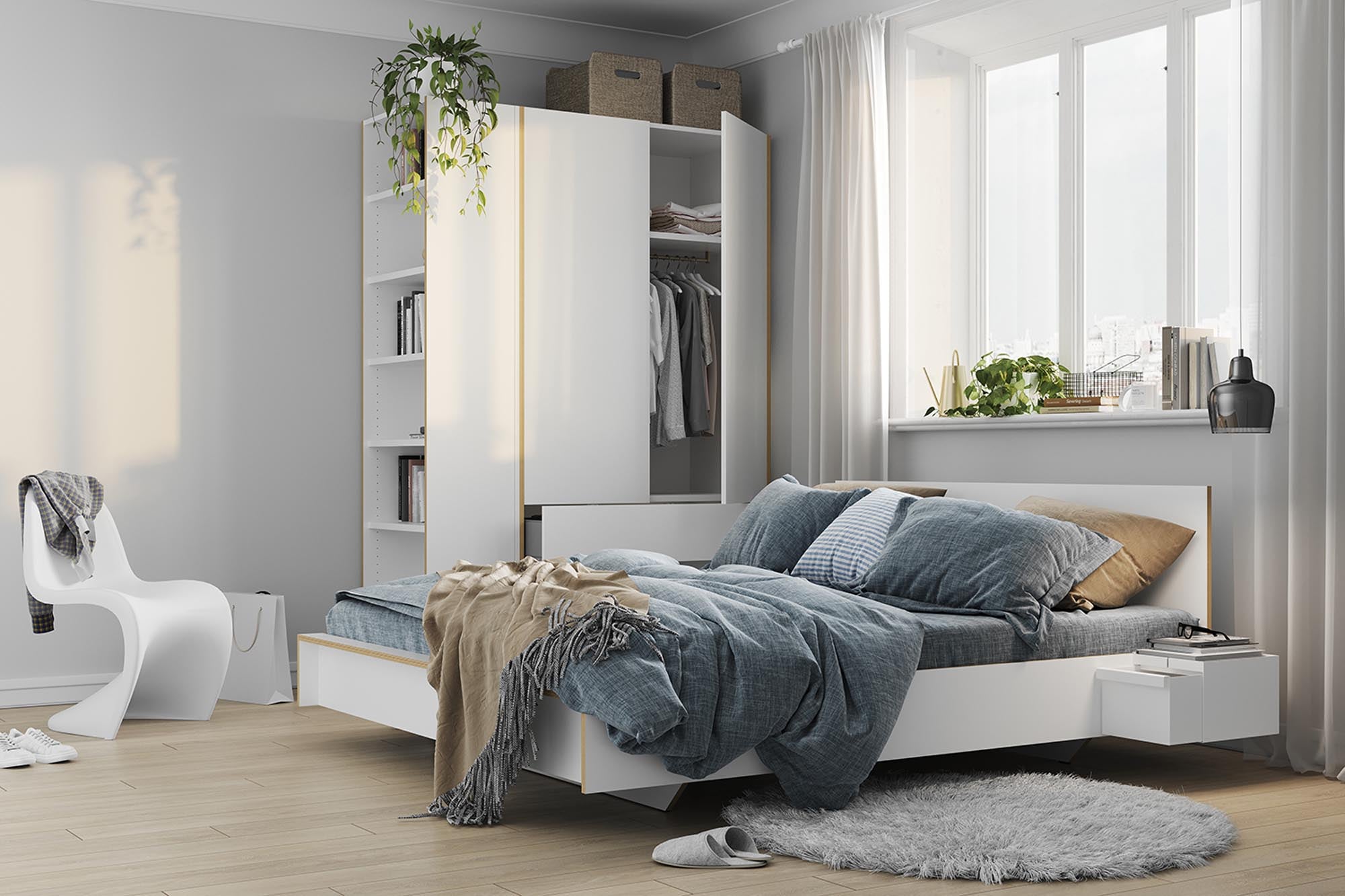 Das FLAI Einzelbett von Müller Möbelwerkstätten bietet eine komfortable Höhe und ein stilvolles Kopfteil für erholsamen Schlaf.