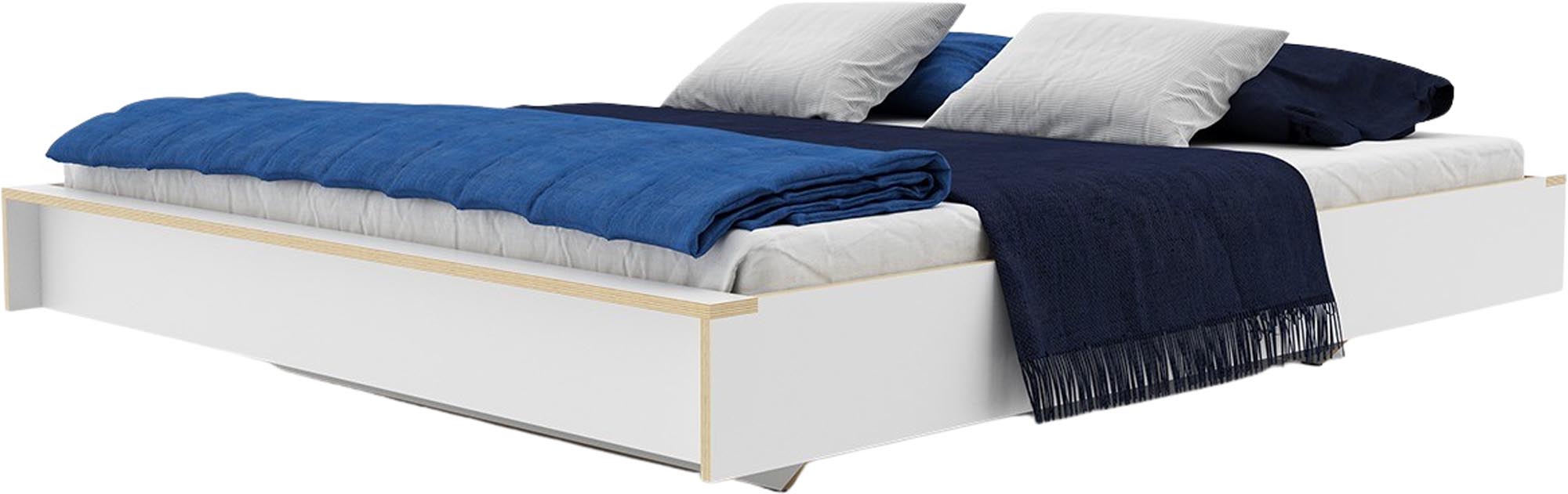 Modernes FLAI Doppelbett mit elegantem Design, hohem Kopfteil und robustem Lattenrost für optimalen Schlafkomfort.