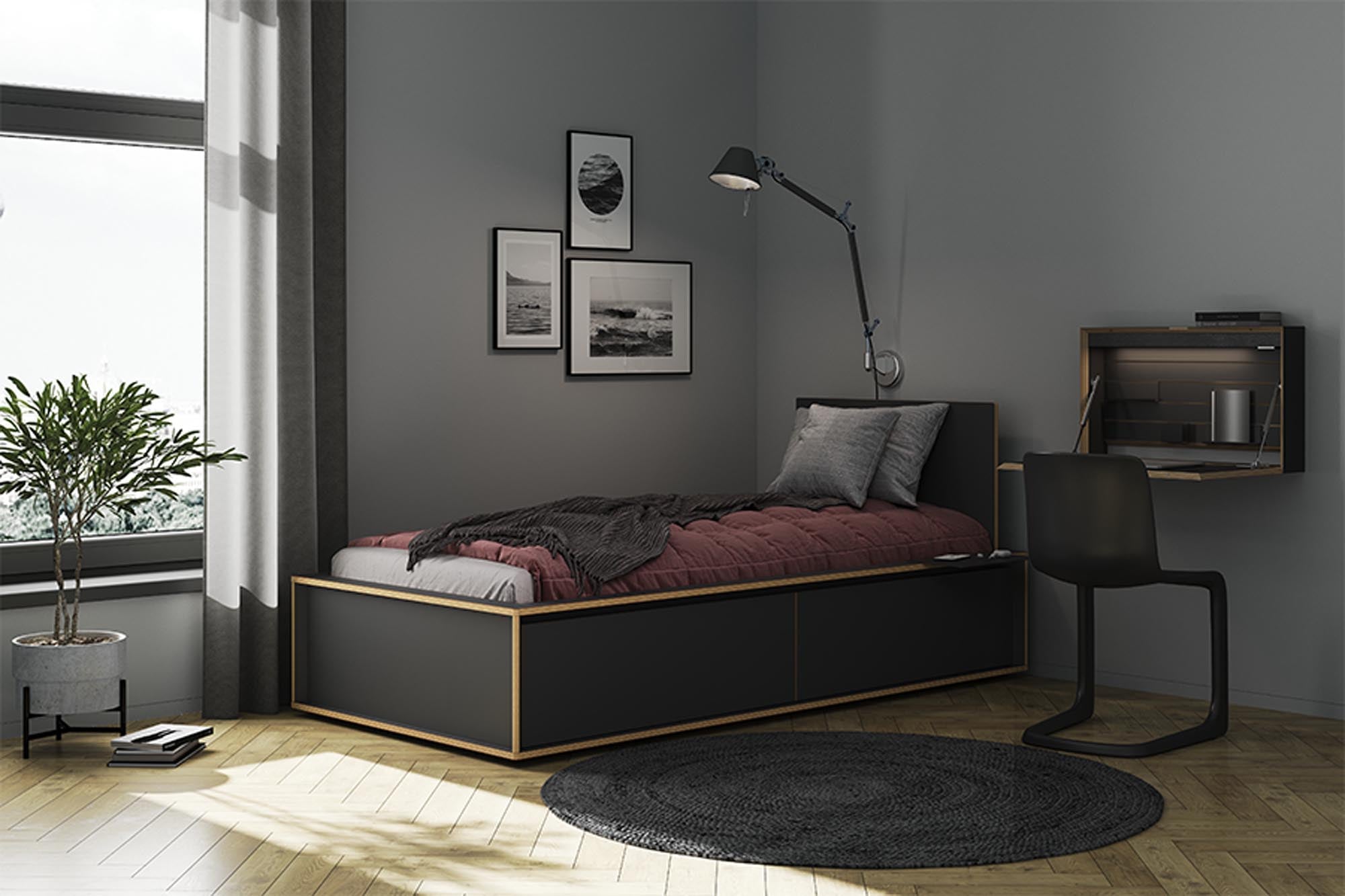Erlebe das stilvolle SPAZE Bett mit praktischem Schubkasten und eleganten Kopfteil-Varianten für ein gemütliches Schlafzimmer.