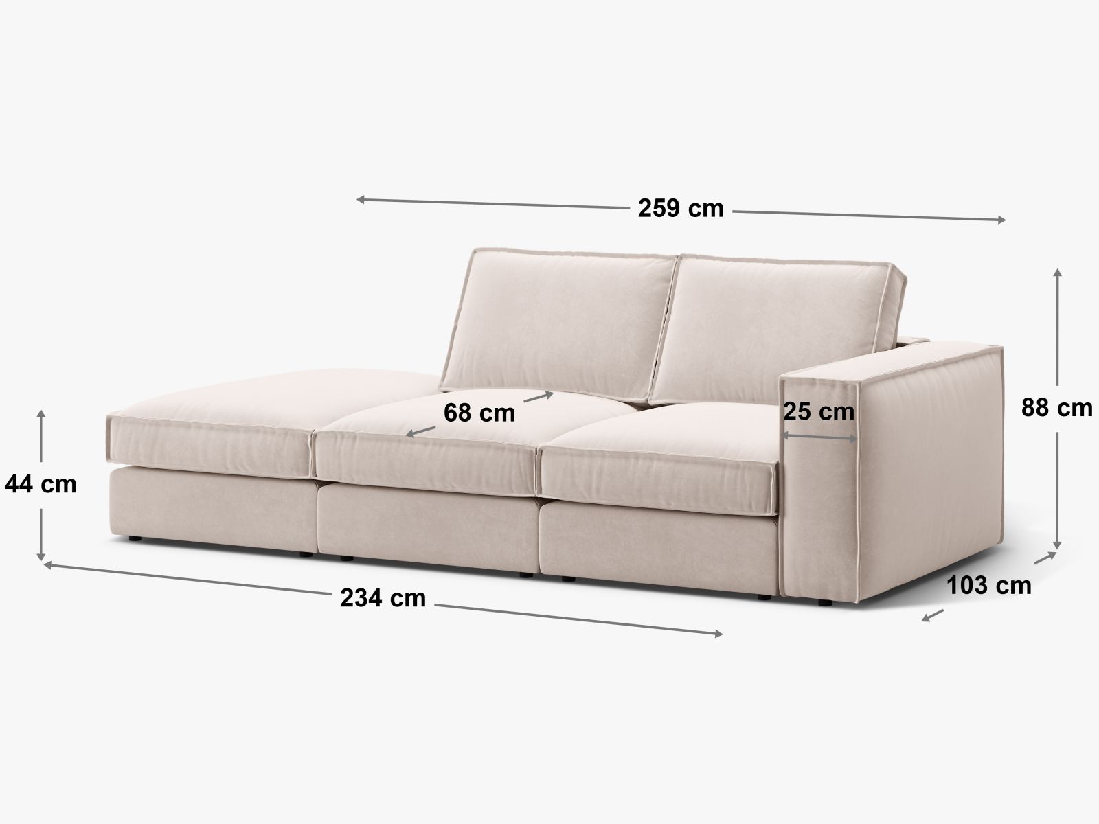 Modulares 3-Sitzer Sofa Pola in Grau-Braun mit offenem Ende rechts, perfekt für gemütliche Wohnzimmer und zeitgemäße Designs.