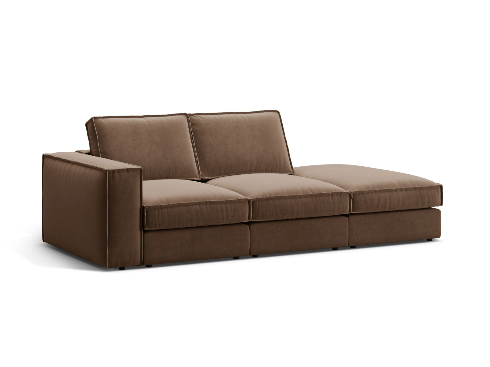 Elegantes 3-Sitzer Sofa Pola mit offenem Ende rechts in Schokoladenfarbe, ideal für moderne Wohnräume, erhältlich bei KAQTU Design AG.