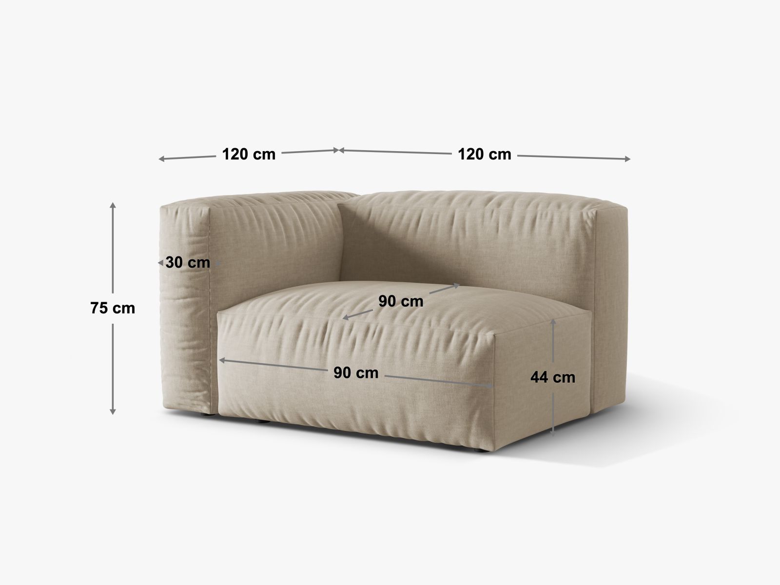 Stilvolles 1-Sitzer Sofa Martina Wide XL links in sanftem Beige, perfekt für zeitgemäße Inneneinrichtungen und vielseitige Raumgestaltungen.