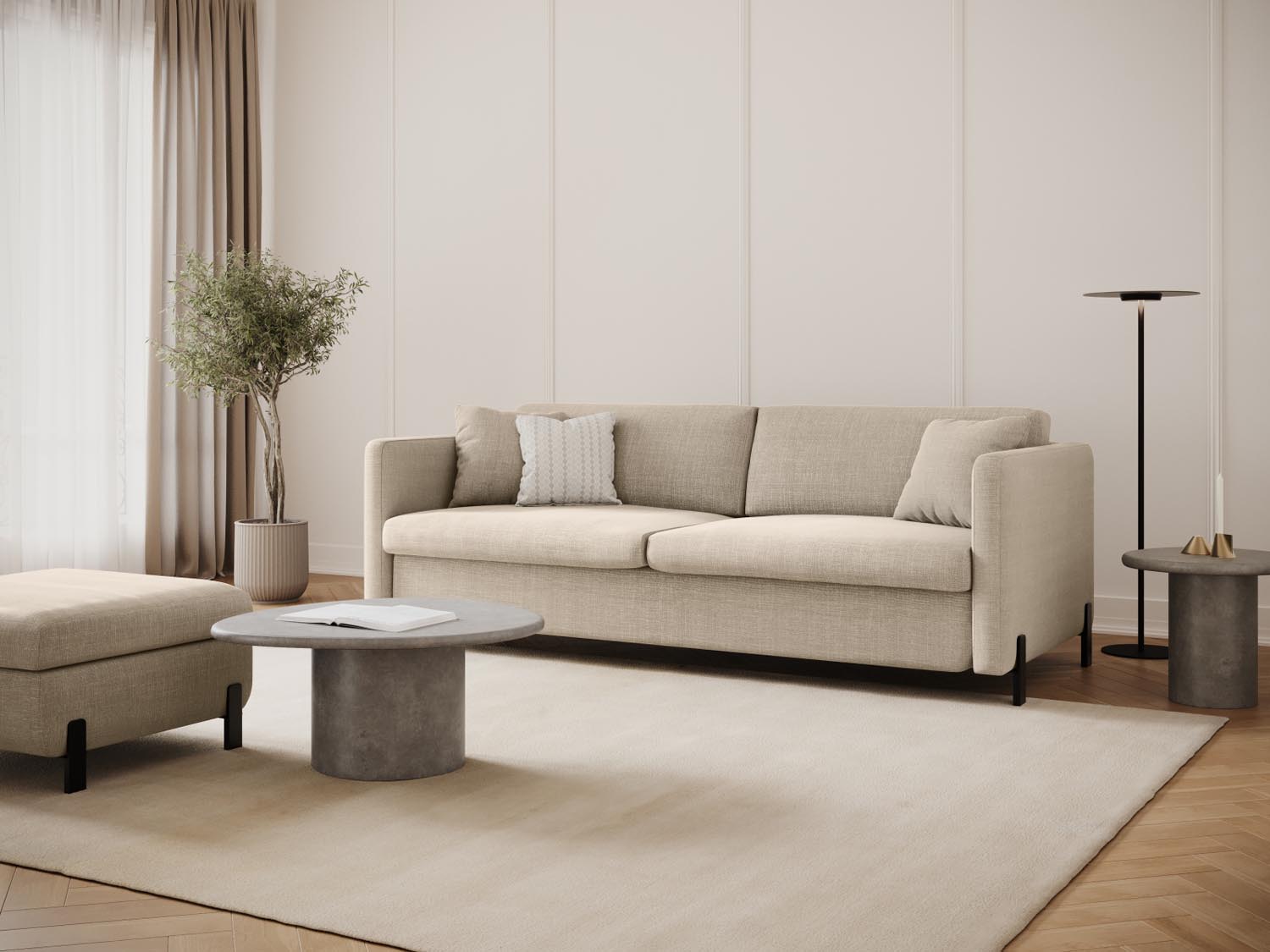 Beige 2-Sitzer Gloria Sofa mit Schlaffunktion von Micadoni, stilvoll und funktional, ideal für kleine Räume und Gästezimmer.