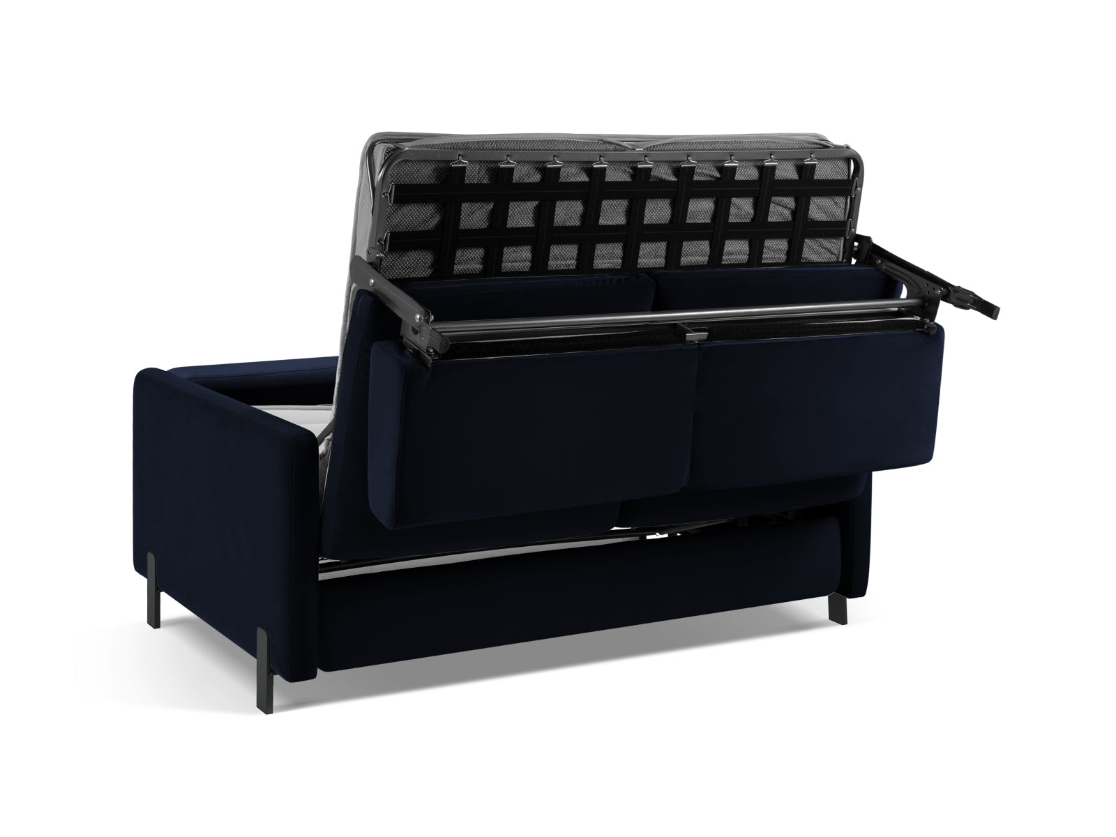 Stylisches 2-Sitzer Sofa in luxuriösem Velours, tiefblau, perfekt für gemütliche Abende und als komfortable Schlafgelegenheit.