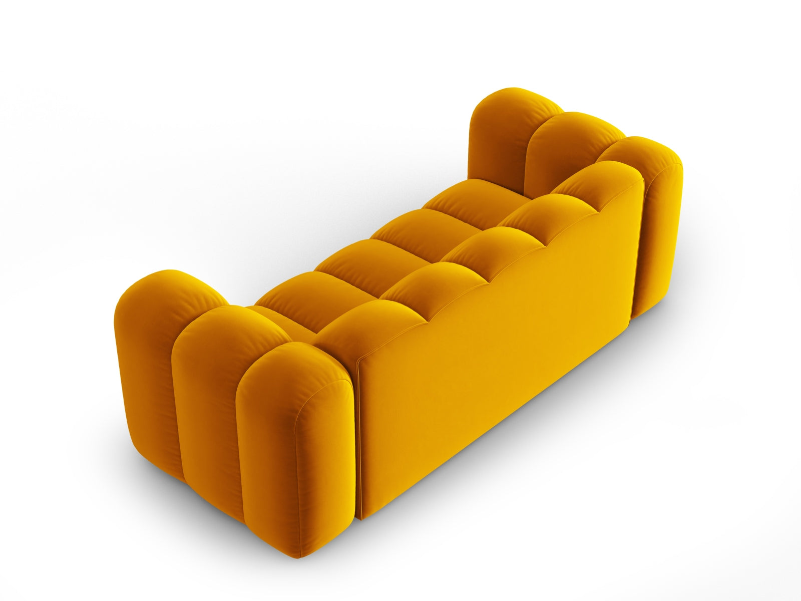 Modernes 2-Sitzer Sofa aus Velours in leuchtendem Gelb, perfekt für entspannte Stunden und stilvolle Einrichtungsideen.