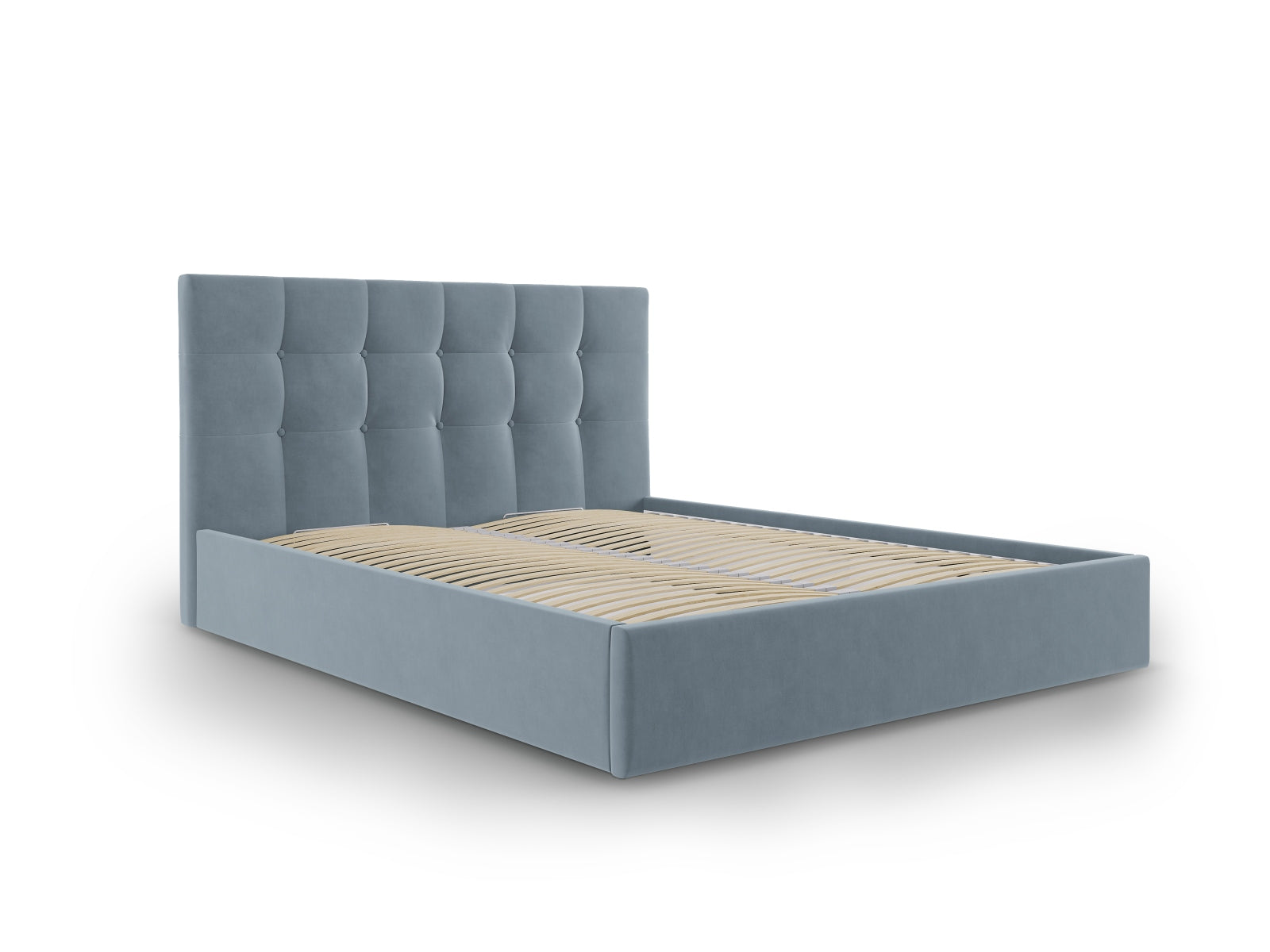 Stylisches Phaedra Velour Bett mit integriertem Stauraum und gepolstertem Kopfteil, perfekt für moderne Schlafzimmer.