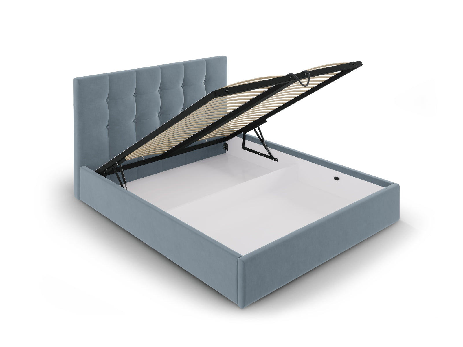 Elegantes Phaedra Velour Bett mit praktischem Stauraum und ansprechendem Headboard, perfekt für ein modernes Schlafzimmer.