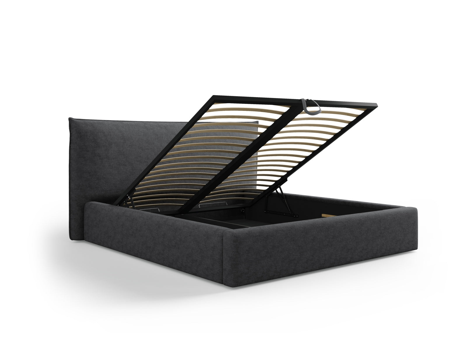 Elegantes Kaelle Bett in Dunkelgrau mit praktischem Stauraum und geschmackvollem Kopfteil, ideal für stilvolle Schlafzimmer.