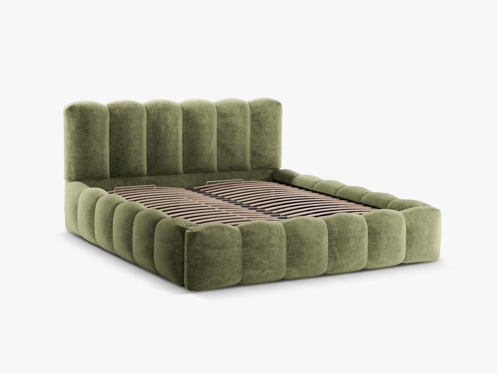 Modernes Lupine Bett in zartem Lichtgrün, ausgestattet mit praktischem Stauraum und einem eleganten Kopfteil für stilvolle Schlafzimmer.