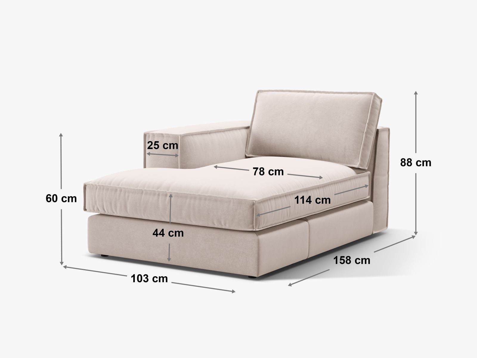 Moderne linke Chaise Longue Pola in ansprechendem Grau, ideal für kreative Raumgestaltungen und gemütliche Entspannung. Teil des flexiblen Sofas von Micadoni.