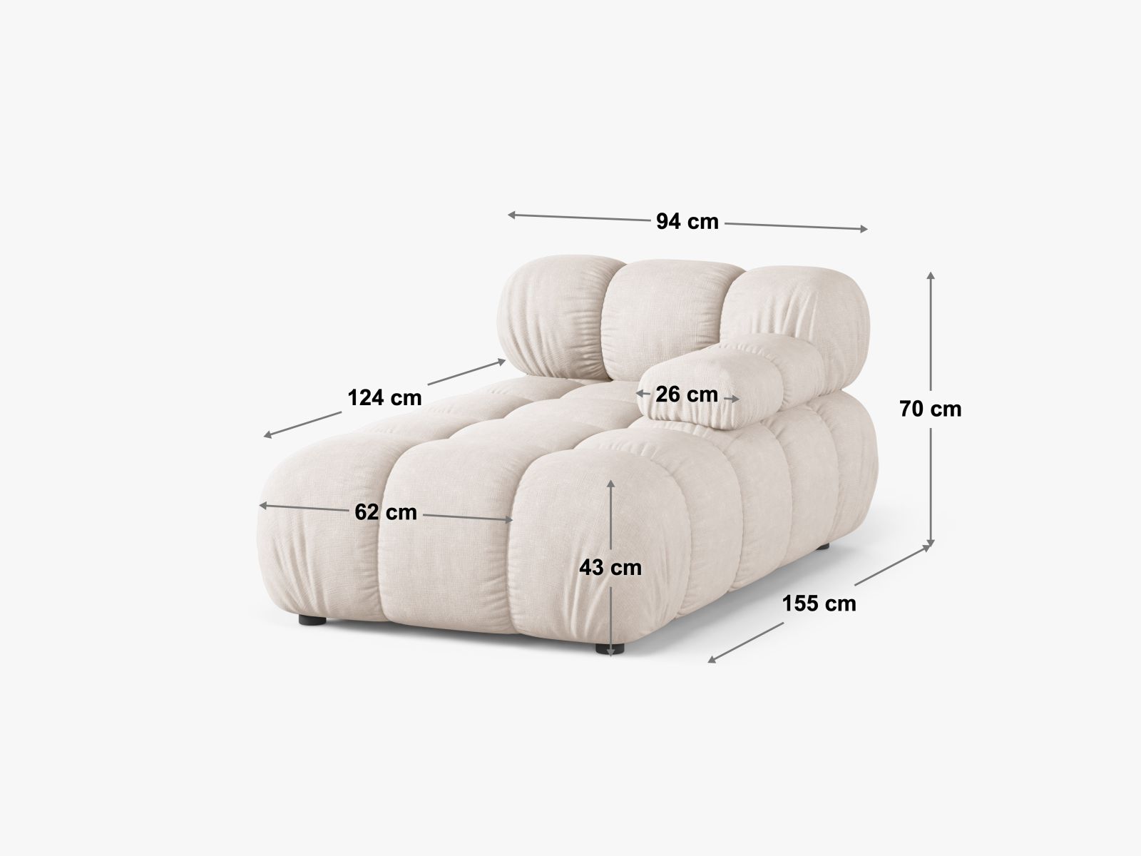 Stilvolle 1-Sitzer Chaise Longue rechts Bellis in edlem Burgunderrot, perfekt für moderne Wohnkonzepte und individuelle Sofa-Arrangements.