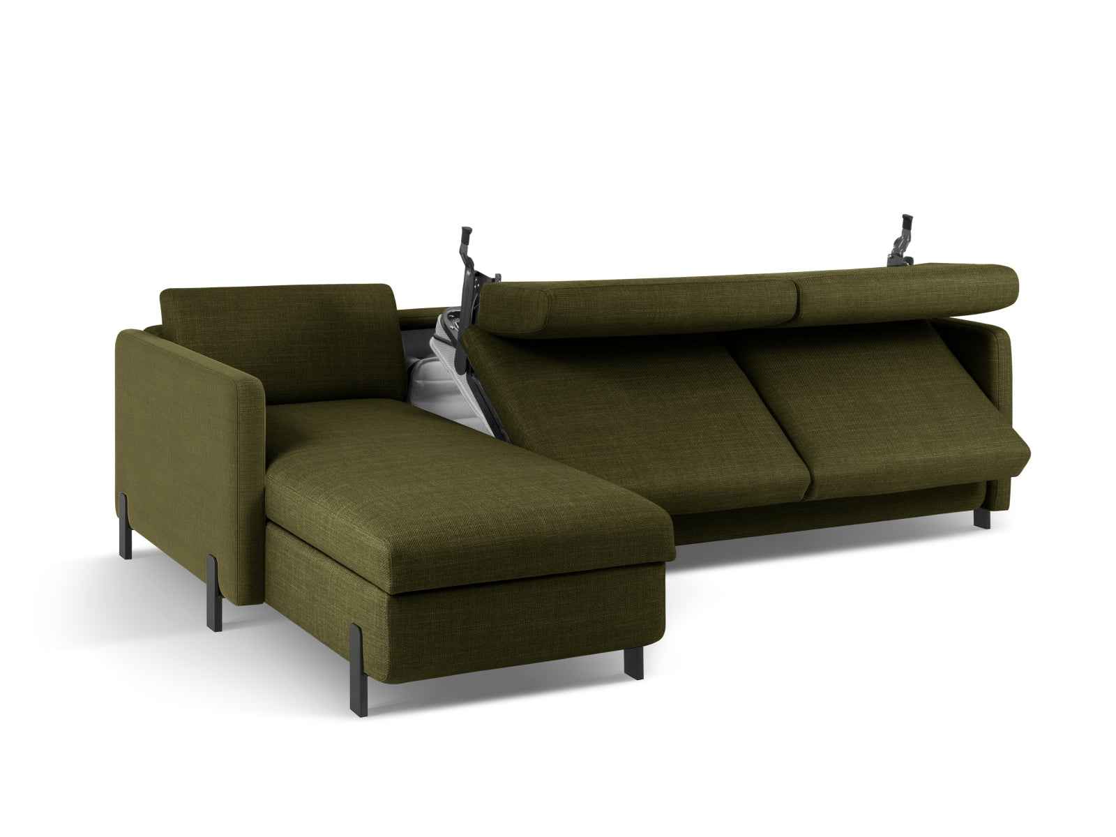 Stylisches 5-Sitzer Ecksofa Gloria in elegantem Grün, linksseitig, mit praktischer Schlaffunktion und integriertem Stauraum für zusätzlichen Komfort.