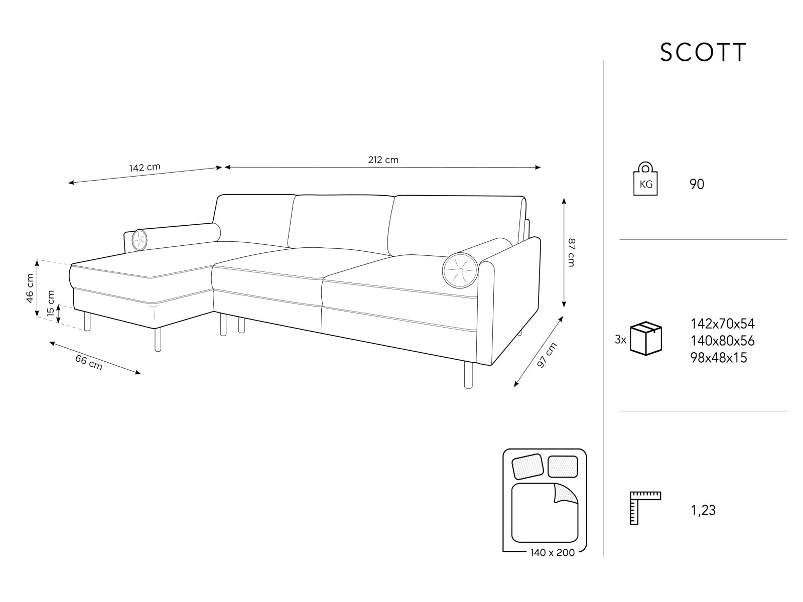 Elegantes Scott Ecksofa links in trendigem Blau, perfekt für 5 Personen, bietet eine komfortable Schlaffunktion und nützlichen Stauraum.