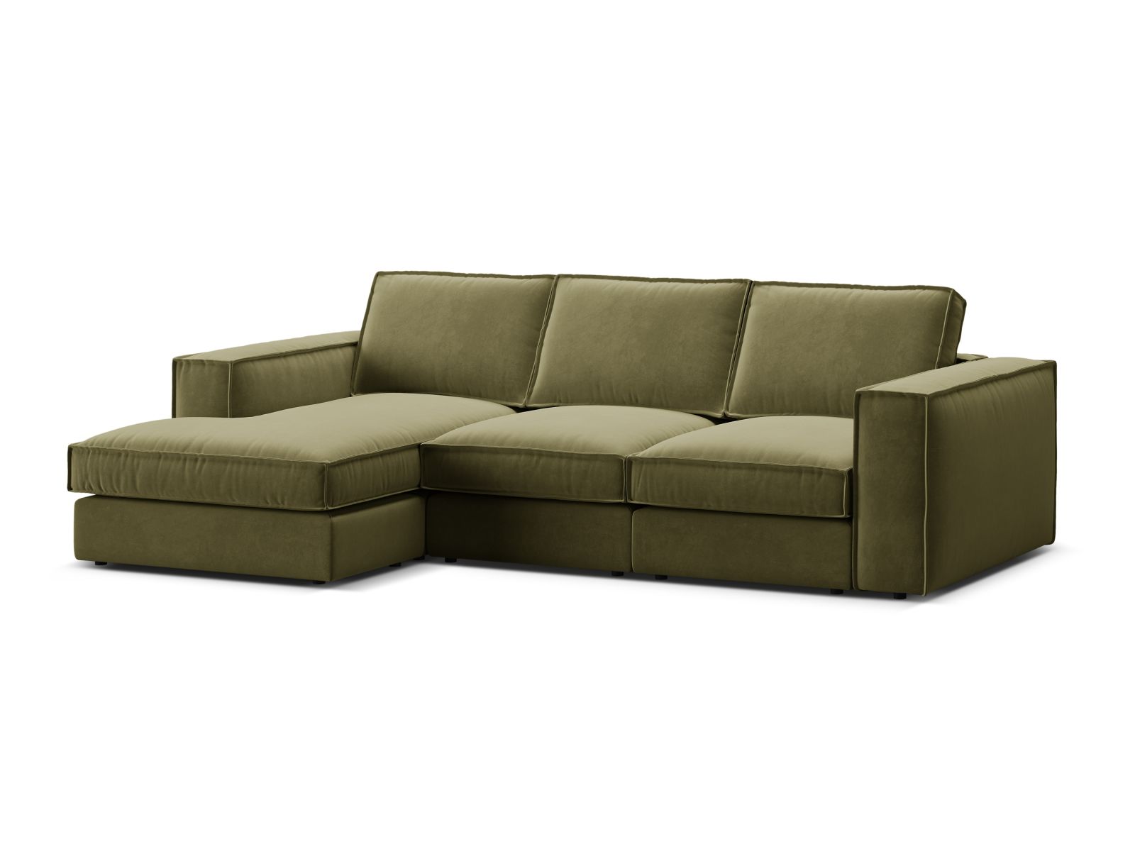 Elegantes 3-Sitzer Ecksofa links Pola in modernem Grün, ideal für einladende Wohnräume und entspannte Stunden.