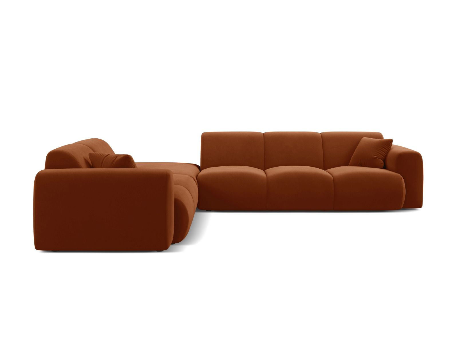 Elegantes 6-Sitzer Ecksofa links Molino in warmem Terracotta, ideal für stilvolle Wohnräume, erhältlich bei KAQTU Design AG.