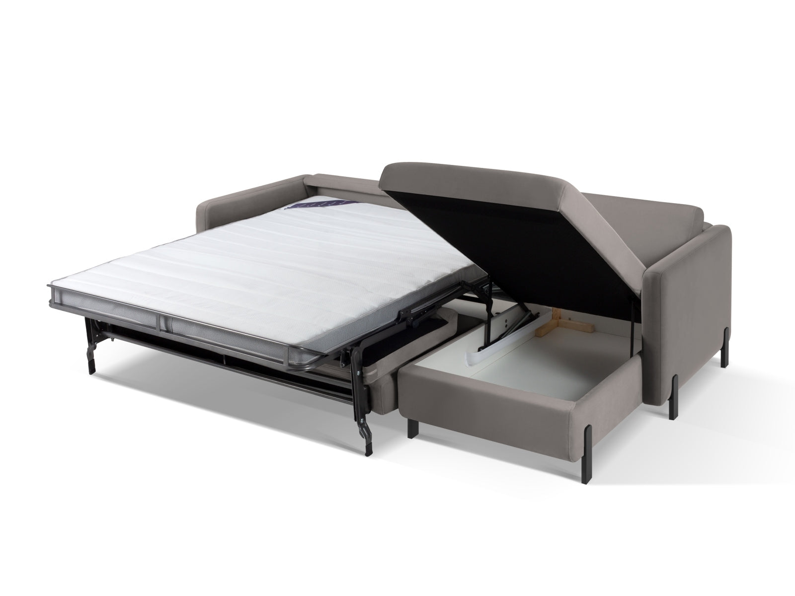 Stylisches graues Velours Ecksofa Gloria, rechts, mit praktischer Schlaffunktion und integriertem Stauraum für optimalen Wohnkomfort.
