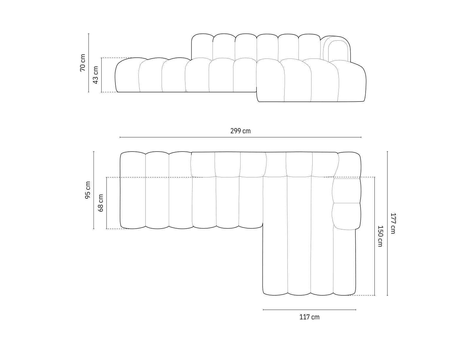 Elegantes, modulares Ecksofa in Schwarz mit fünf Sitzplätzen, ideal für stilvolle Wohnräume, präsentiert von Micadoni.