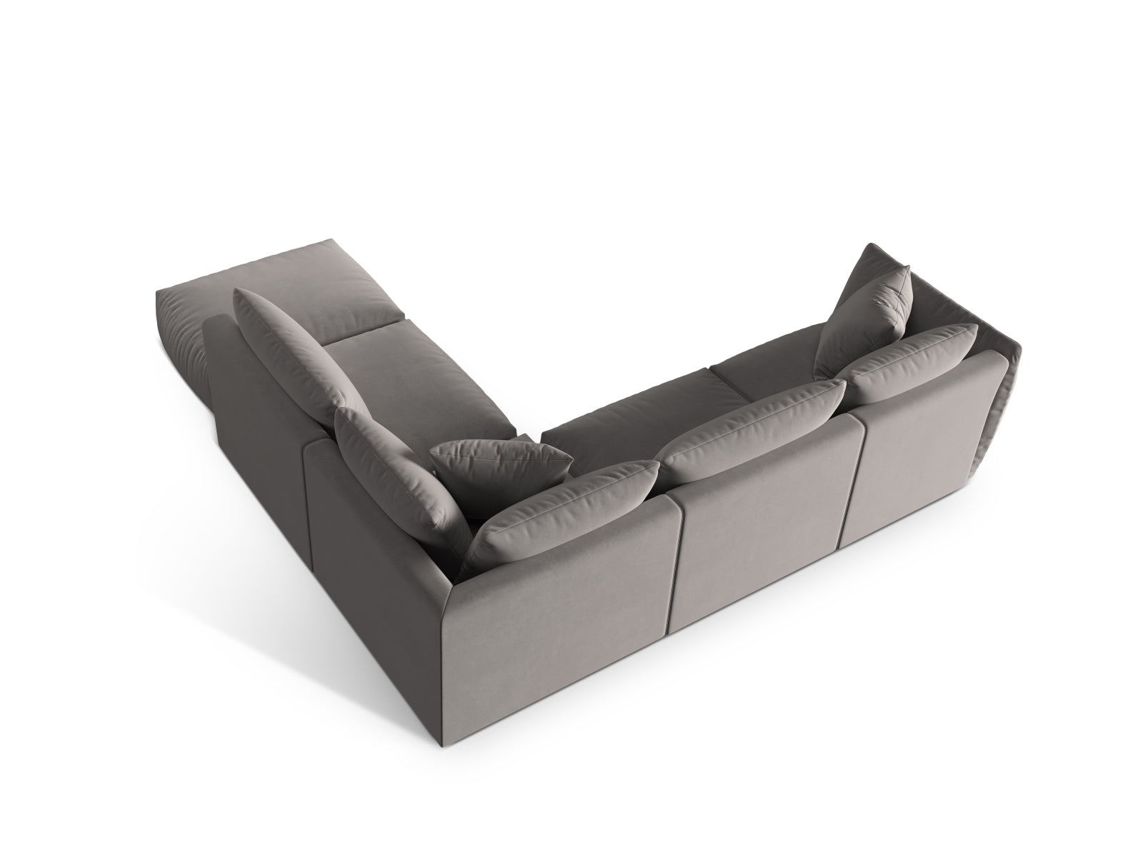 Stylisches, graues Chris Velour Ecksofa mit modularer Struktur, ideal für gemütliche Wohnzimmer und flexible Einrichtungsmöglichkeiten.