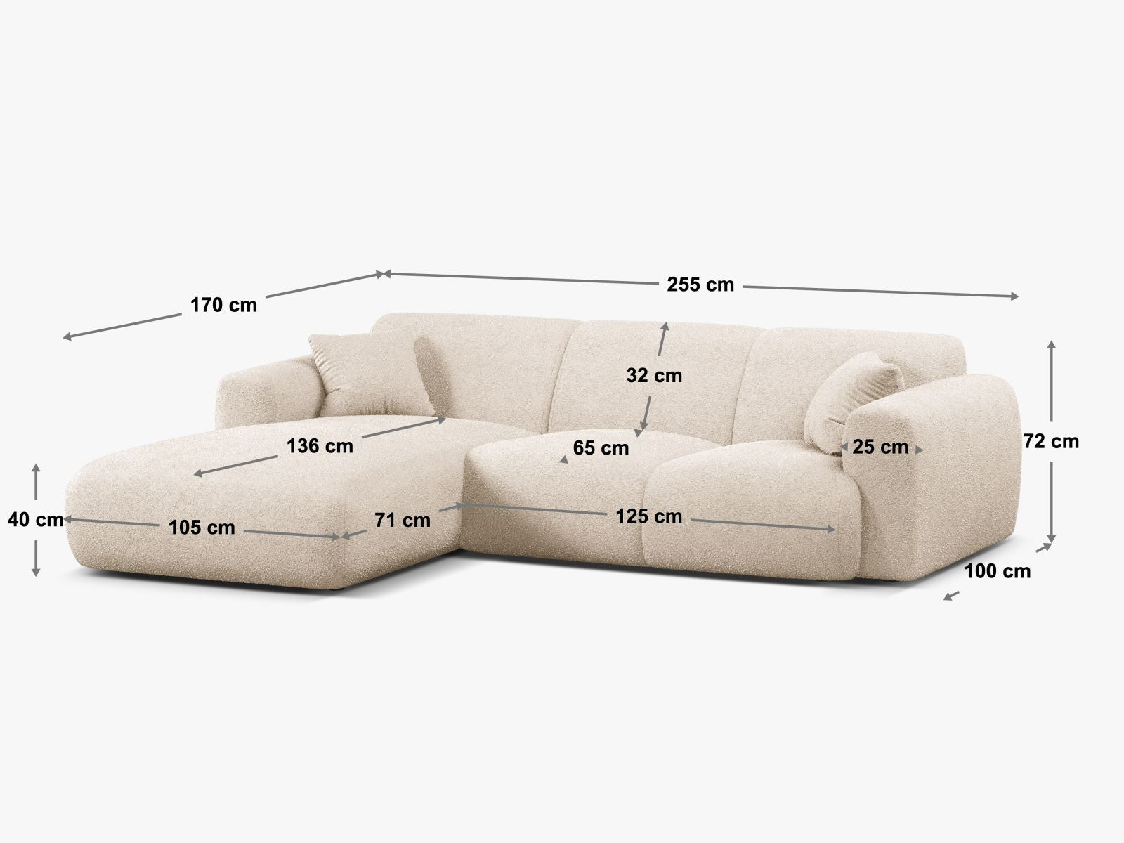 Modernes 4-Sitzer Ecksofa rechts Molino in ansprechendem Brick-Eden, perfekt für stilvolle Wohnzimmer und entspannte Stunden.