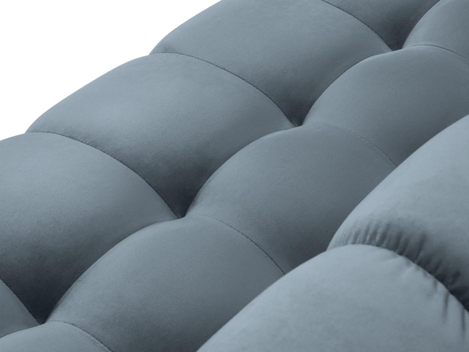 Stylisches Mamaia Velour Ecksofa in sanftem Hellblau und Schwarz, perfekt für moderne Wohnzimmer. 5-Sitzer von Micadoni für höchsten Sitzkomfort.