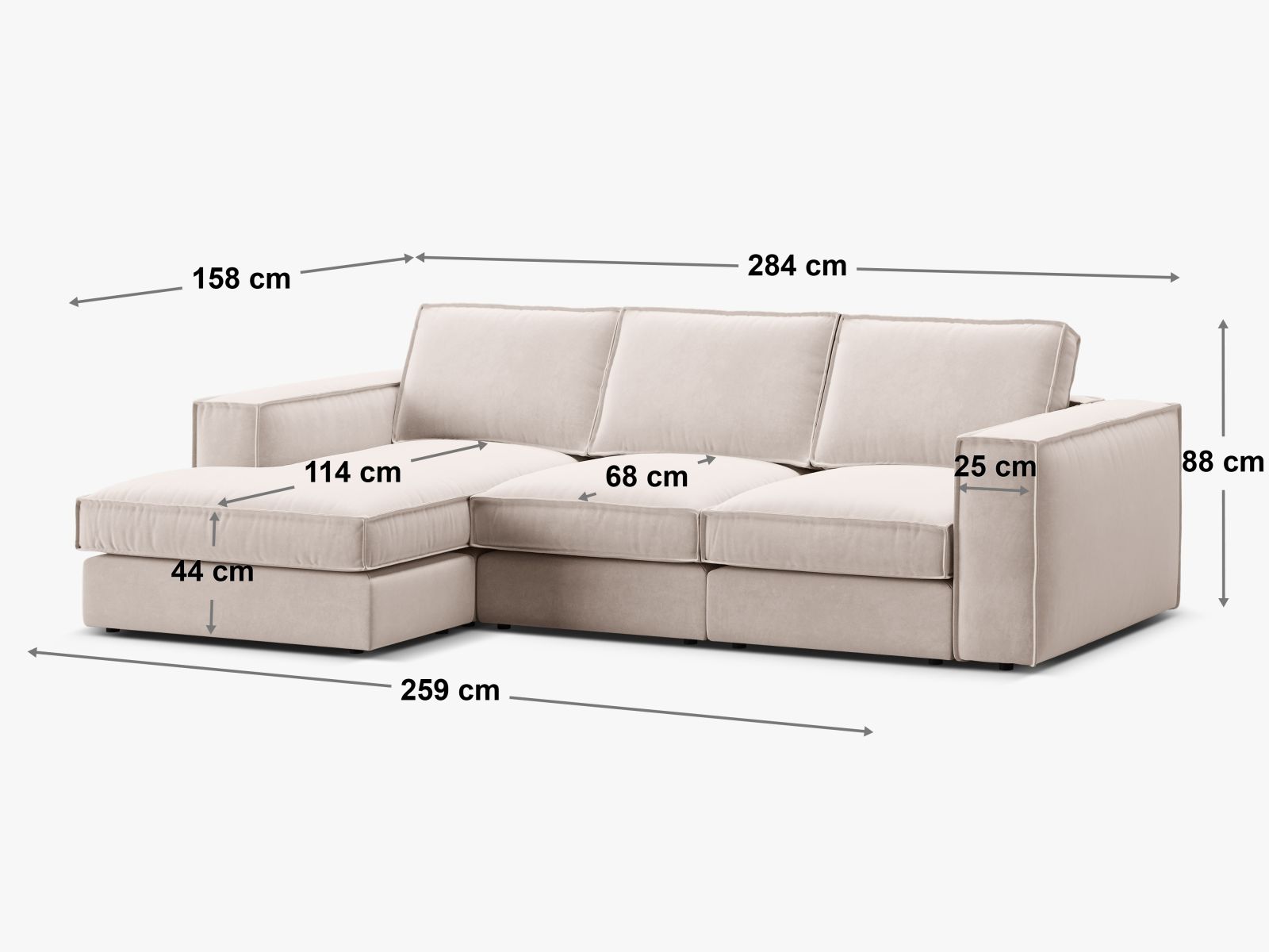 Modernes 3-Sitzer Ecksofa Pola in sanften Sandtönen, perfekt für gemütliche Wohnzimmer. Hochwertige Materialien und stilvolles Design von Micadoni.