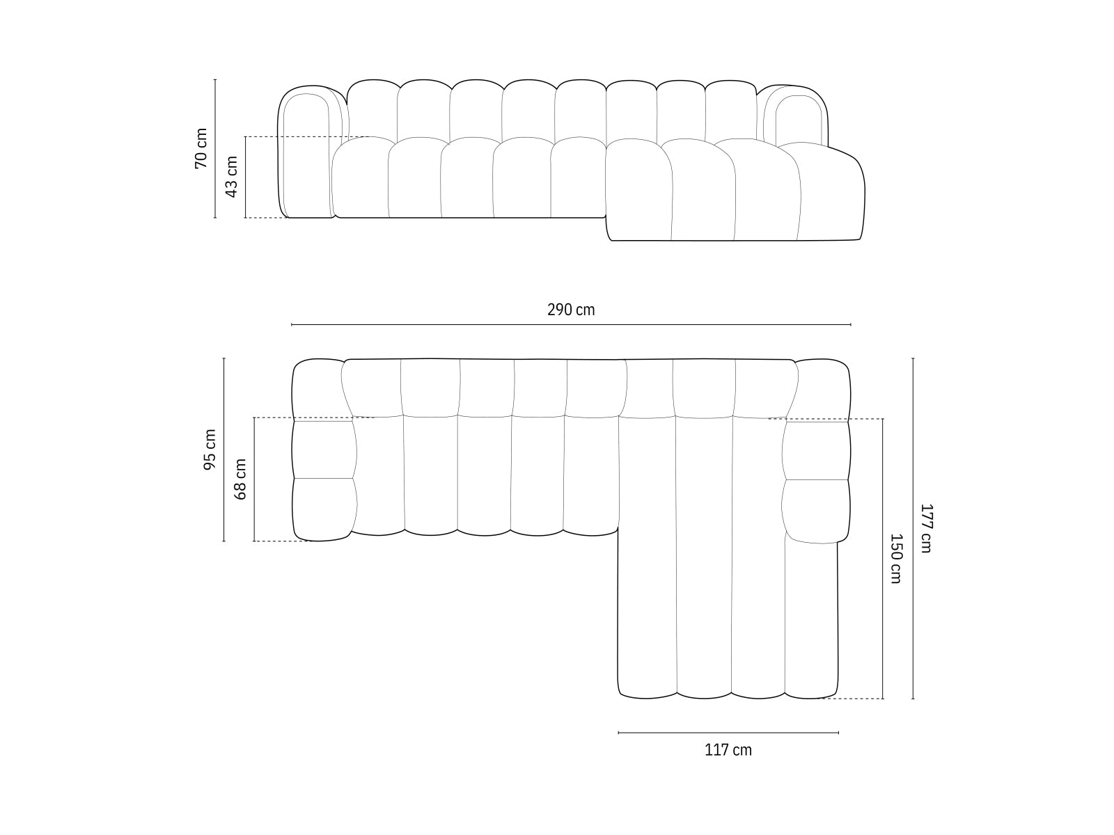 Elegantes, modulares Ecksofa in Schwarz mit Platz für vier Personen, ideal für stilvolle Wohnräume und gemütliche Abende.