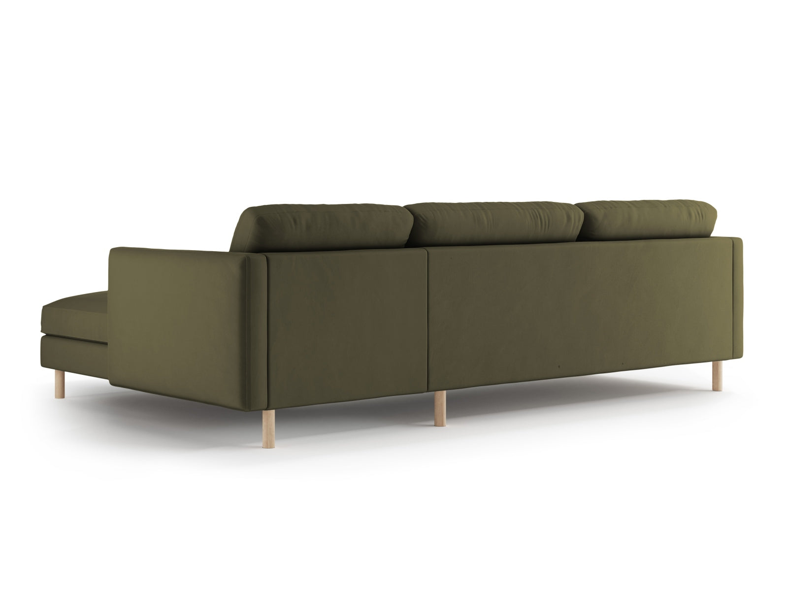 Gemütliches 4-Sitzer Eden Velour Ecksofa rechts in edlem Moss Green Melange, perfekt für stilvolle Wohnzimmer und entspannte Stunden.