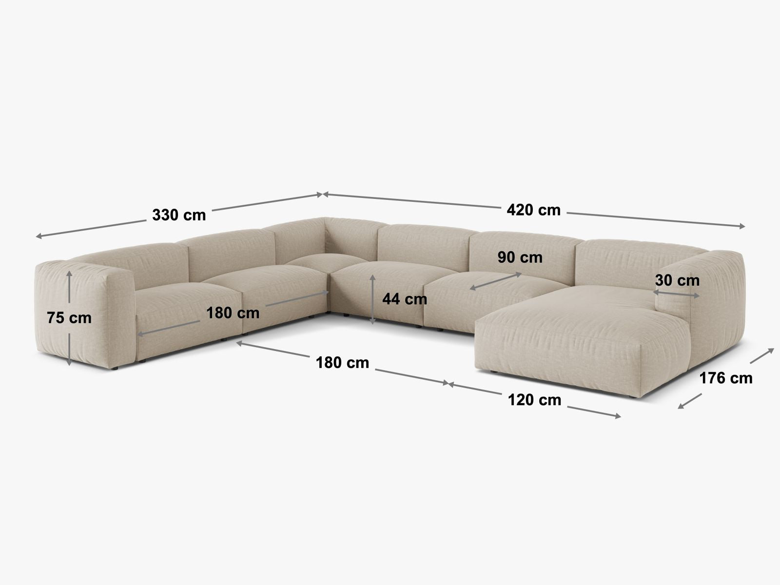 Geräumiges und modernes 6-Sitzer Ecksofa links XL Martina in edlem Dunkelbeige, perfekt für stilvolle Wohnzimmergestaltung.