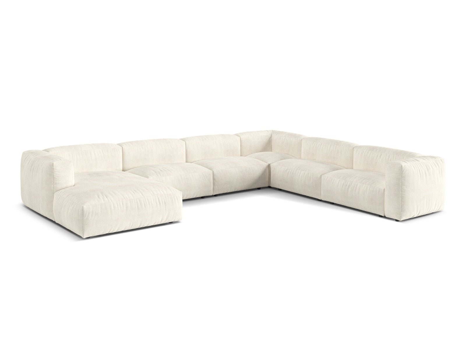 Modulares 6-Sitzer Ecksofa Martina in sanftem Grau, rechtsseitig, perfekt für moderne Wohnzimmer und gesellige Abende.