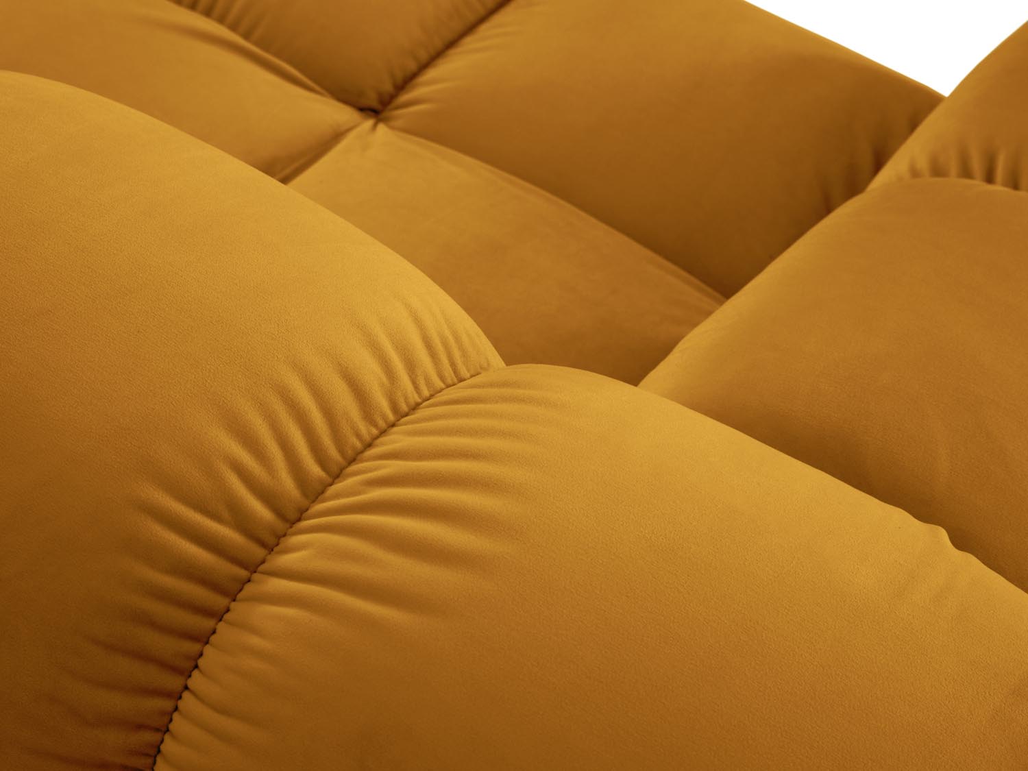 Modulares Bellis Velour Ecksofa in stilvollem Gelb-Blau, 4-Sitzer, linksseitig, perfekt für stilvolle Wohnräume und entspannte Stunden.