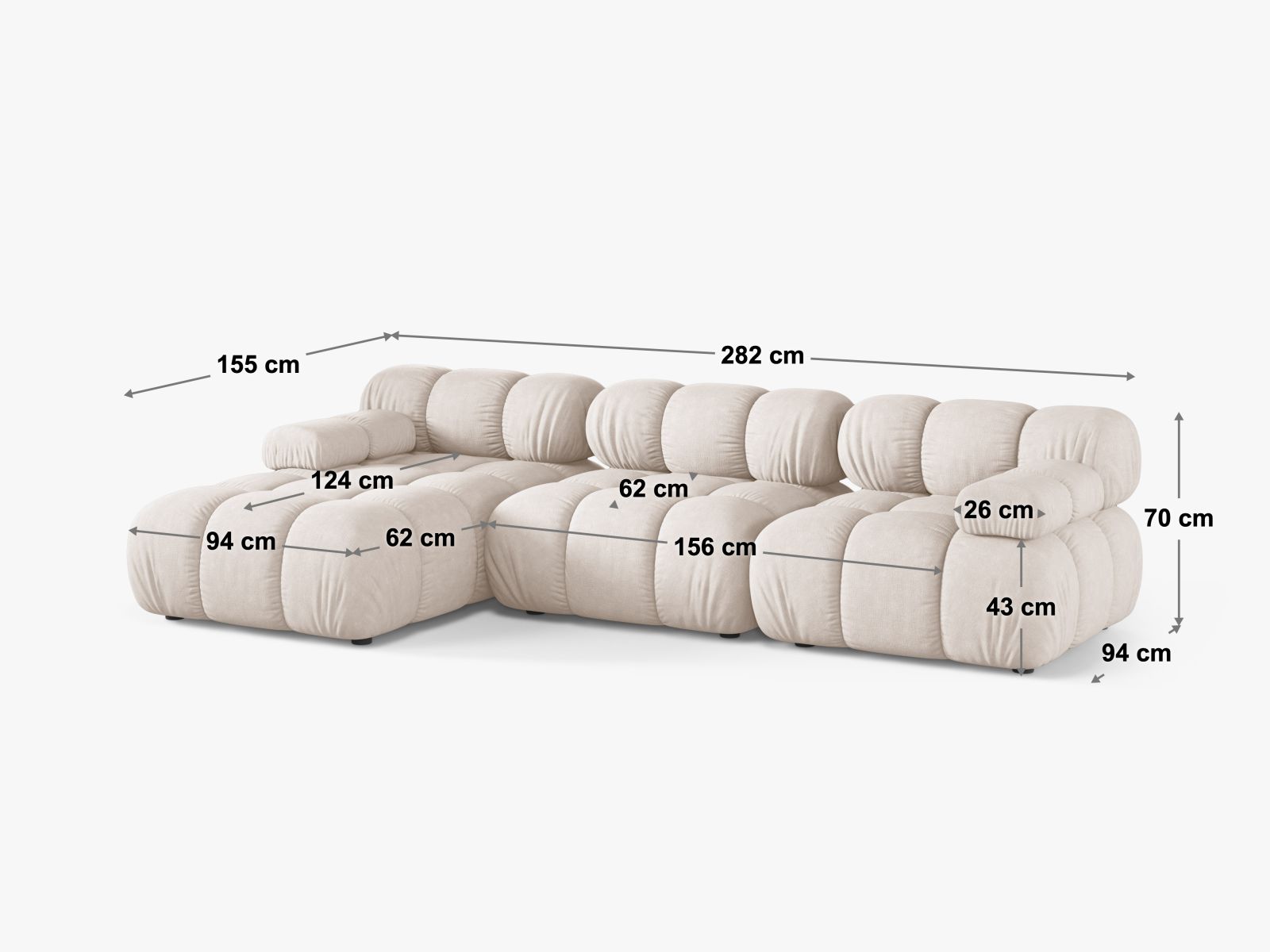 Modulares 4-Sitzer Ecksofa Bellis in tiefem Flaschengrün, perfekt für moderne Wohnkonzepte und gemütliche Entspannungsecken.