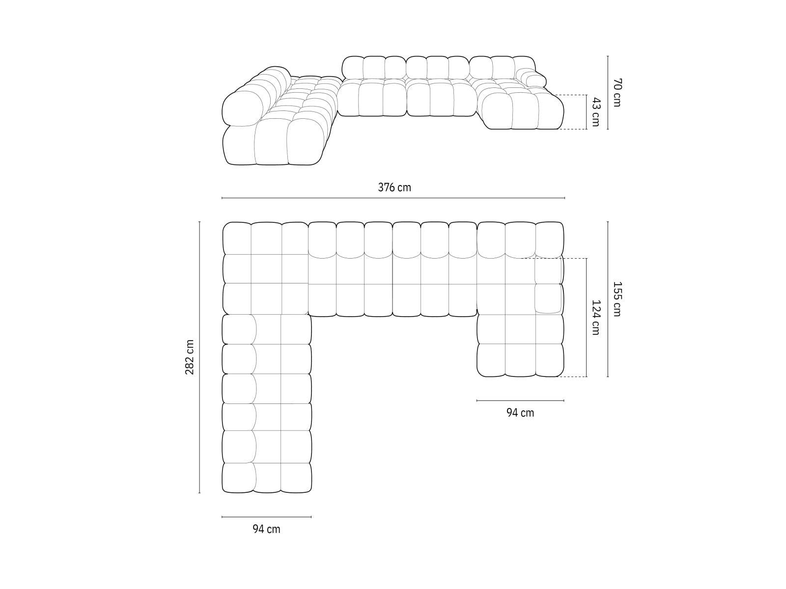 Modernes, flexibles Ecksofa Bellis in Schwarz, 7-Sitzer, 282 cm, ideal für gemütliche Zusammenkünfte und stilvolle Einrichtung.