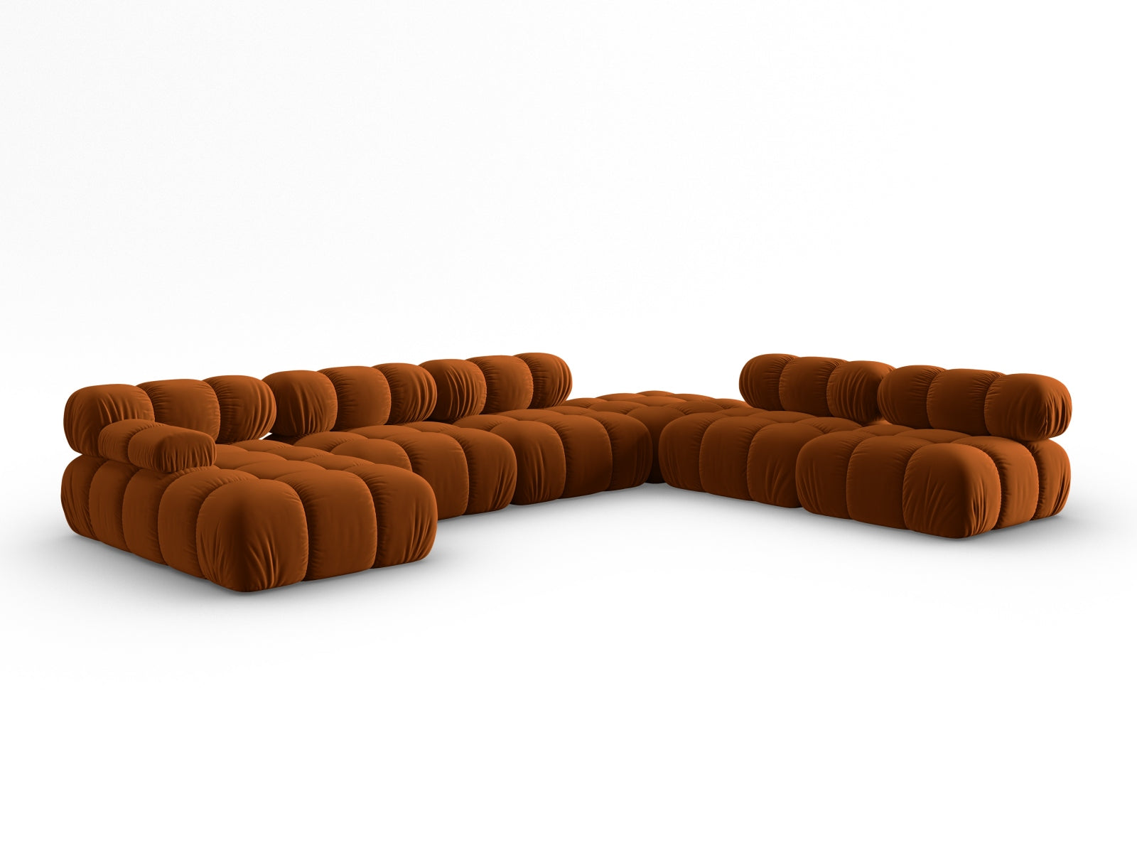 Modulares Bellis Velour Ecksofa in warmem Terracotta, 7-Sitzer, perfekt für gemütliche und moderne Wohnlandschaften.