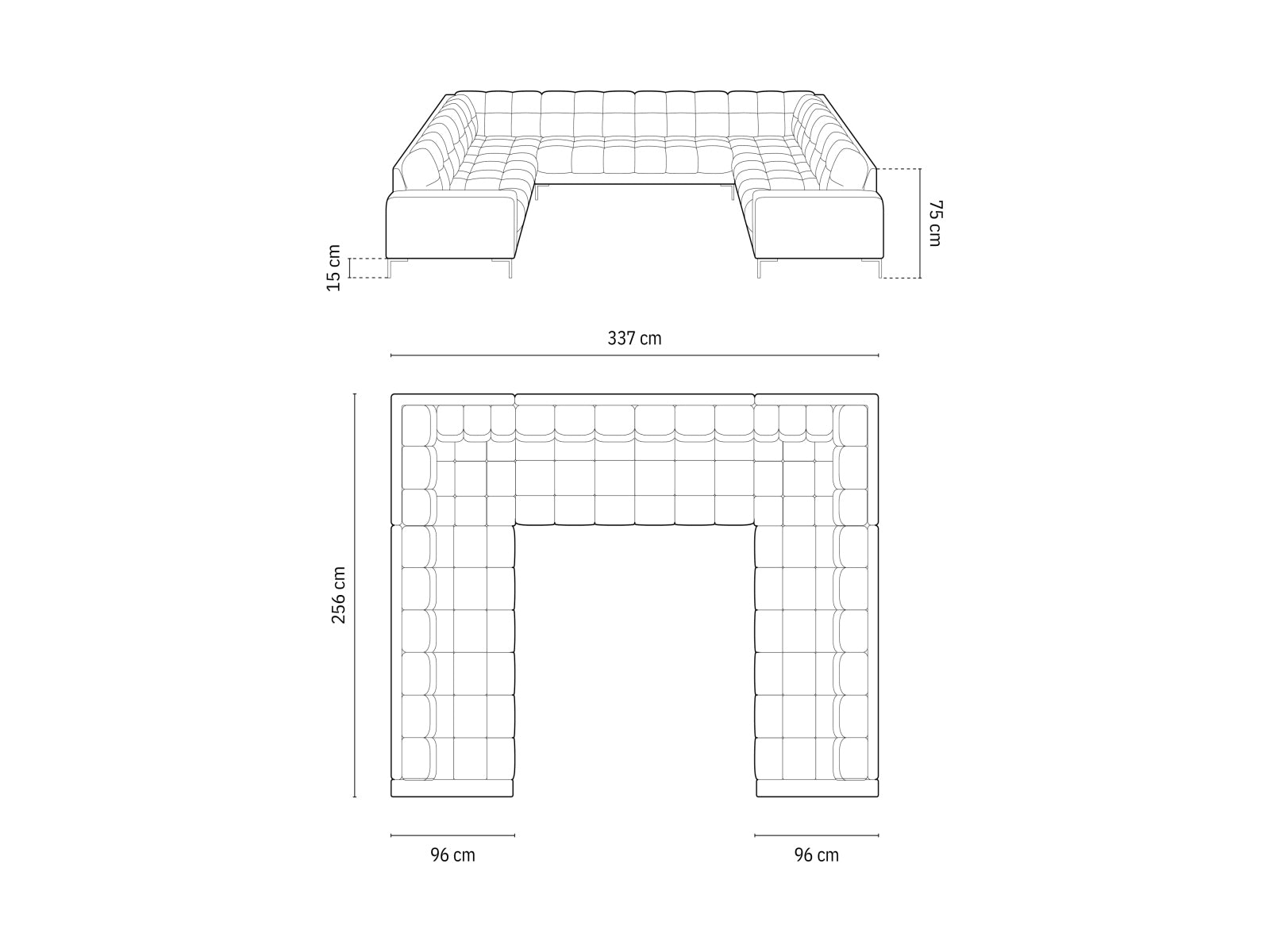 Elegantes Mamaia Panoramic Sofa für 9 Personen in Schwarz, ideal für gemütliche Abende und moderne Wohnräume.