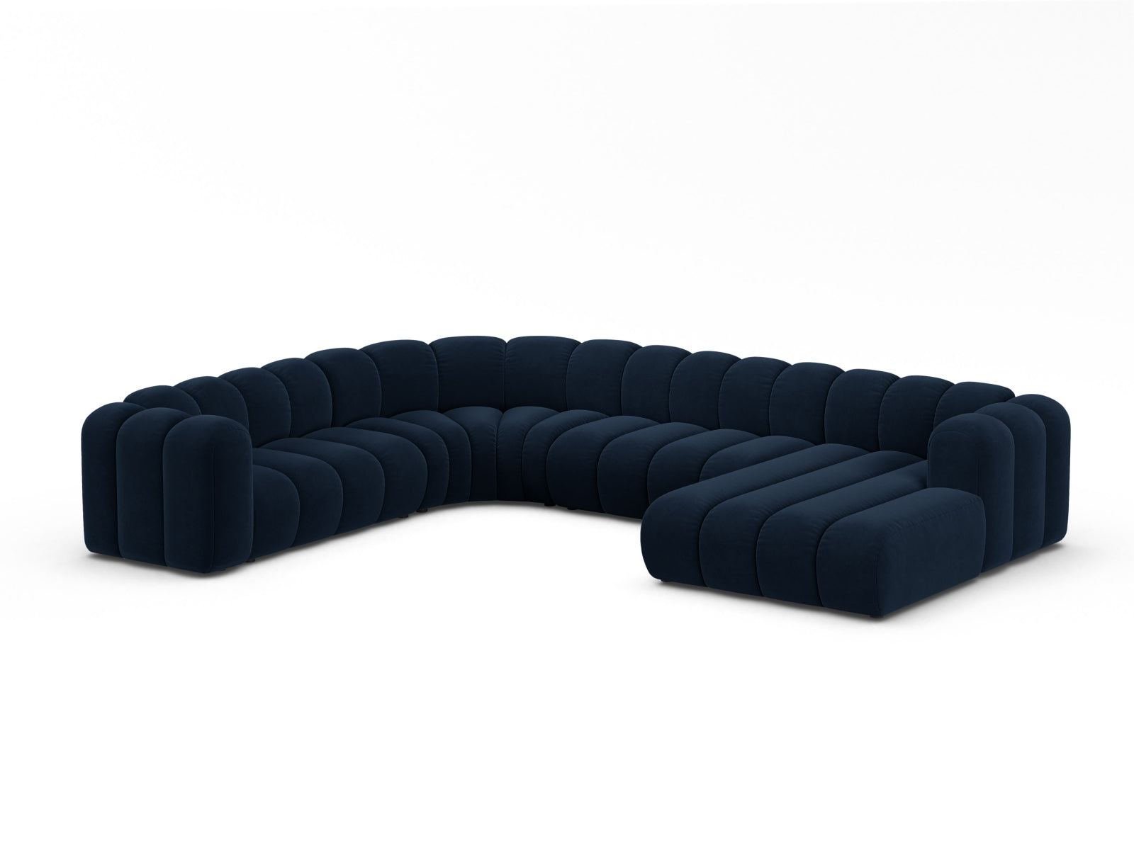 Elegantes, modulares Ecksofa in Royal Blue mit luxuriösem Velourbezug, ideal für stilvolle Wohnräume. 6-Sitzer von Micadoni.